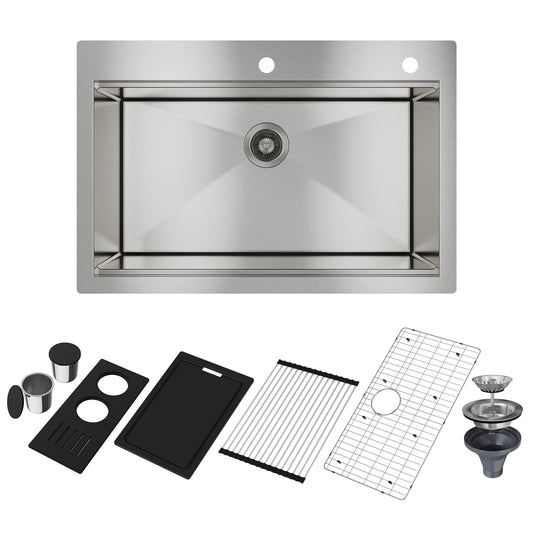 CASAINC 33" Topmount Drop-in Stainless Steel Single Bowl Kitchen Sink with Included Accessories