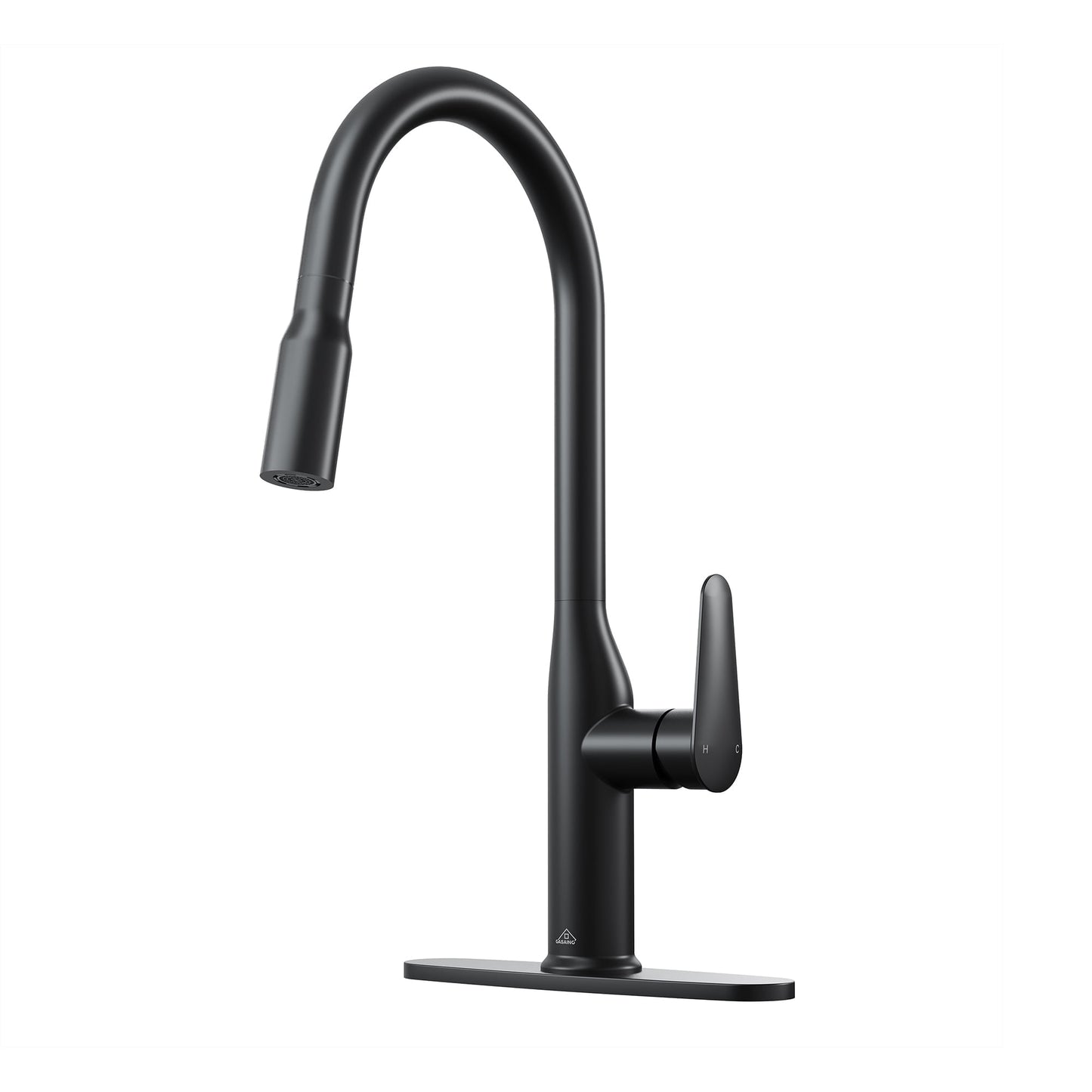CASAINC Pull Down Deck Mounted Kitchen Faucet with 360 Rotating Sprayer Spout and Deckplate, Black
