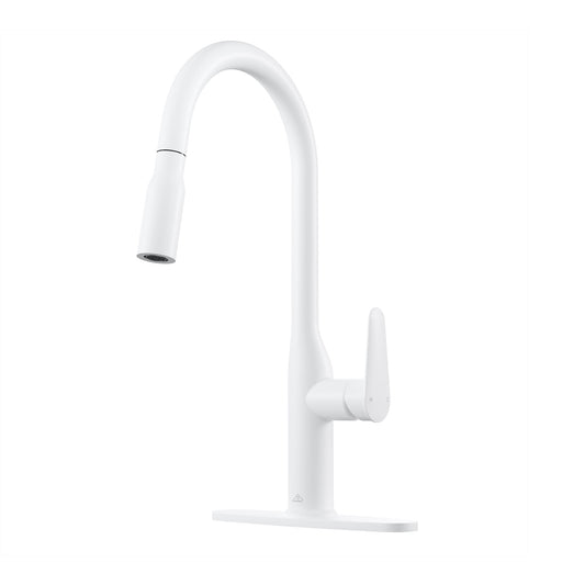 CASAINC Pull Down Deck Mounted Kitchen Faucet with 360 Rotating Sprayer Spout and Deckplate, White