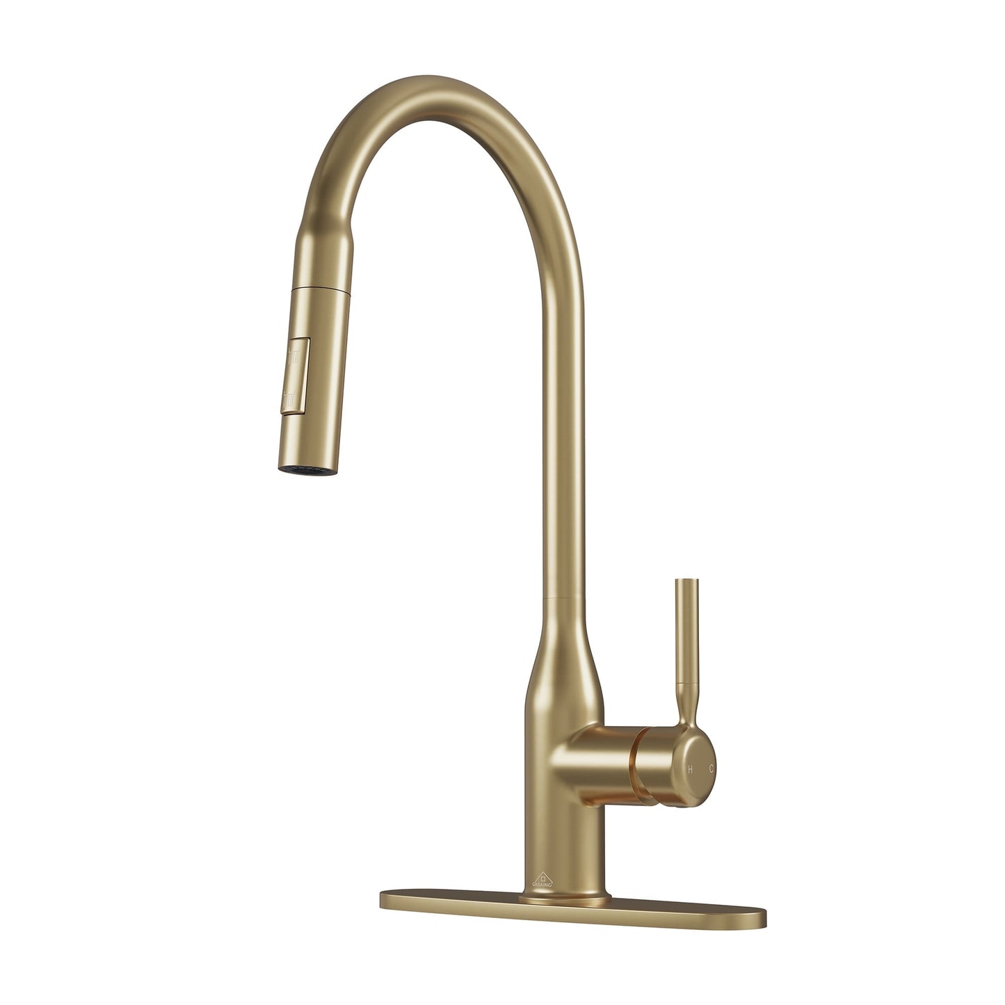 CASAINC Deck Mounted Pull Down Kitchen Faucet with Dual Function Sprayer and Deck Plate, Gold