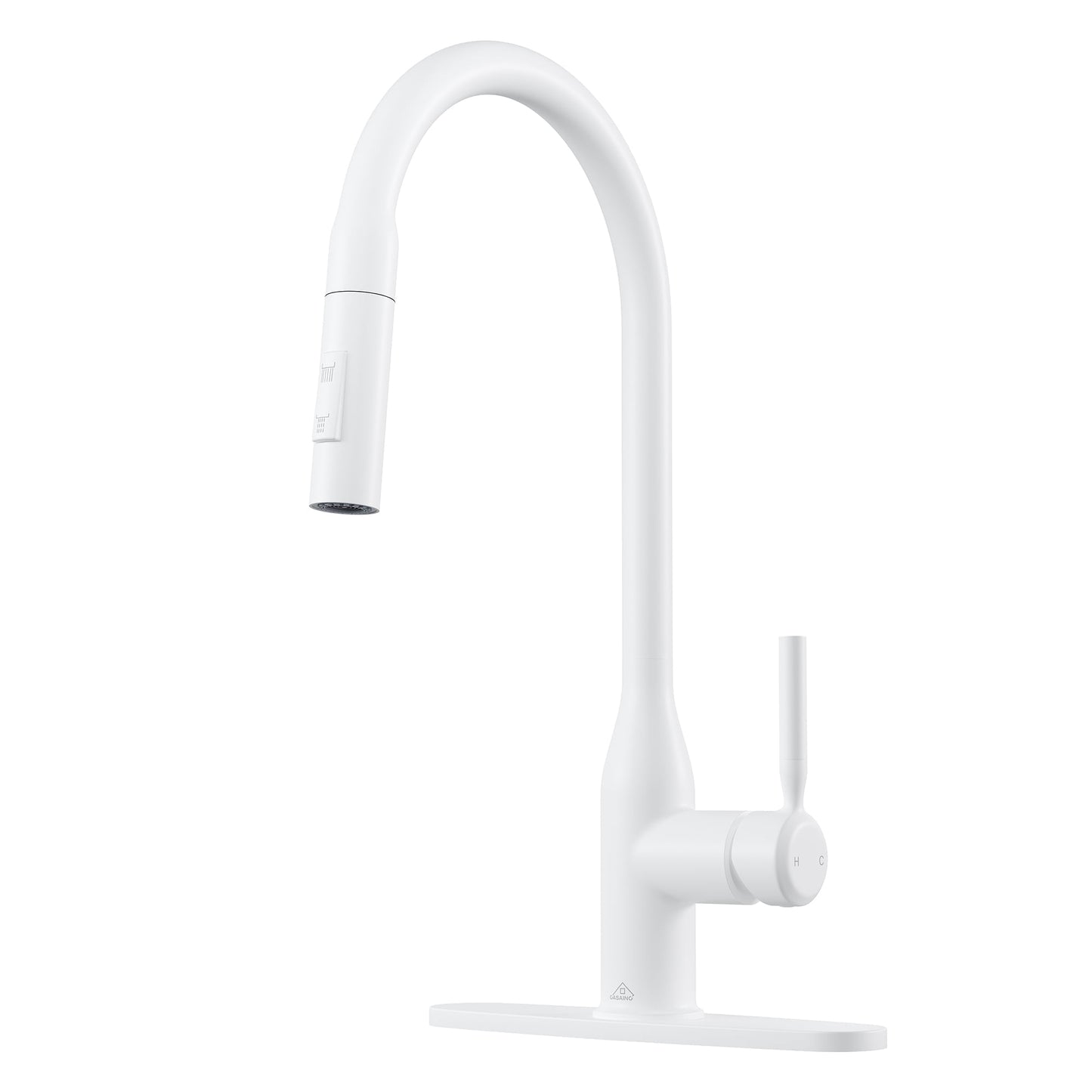 CASAINC Deck Mounted Pull Down Kitchen Faucet with Dual Function Sprayer and Deck Plate, White