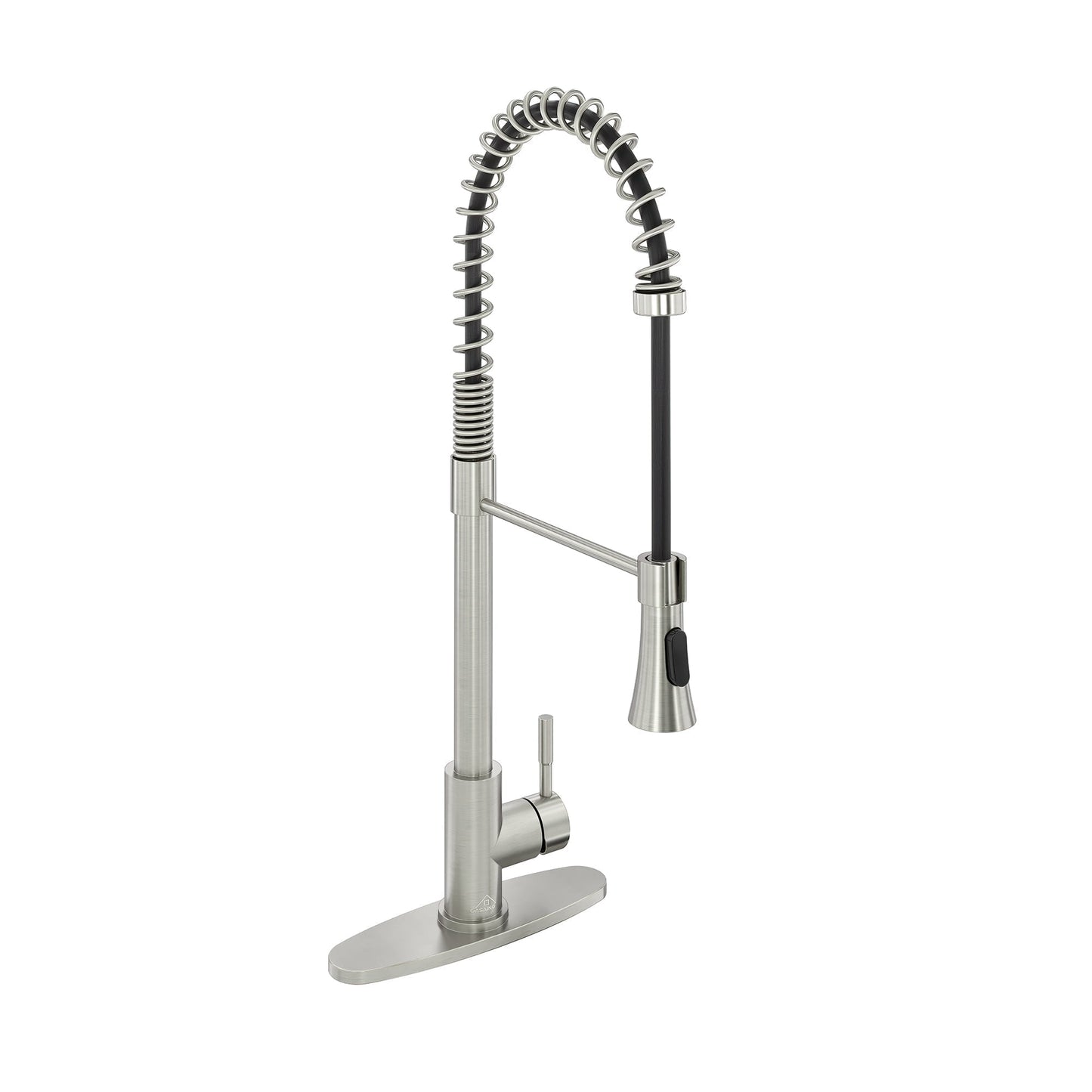 CASAINC Single Handle Spring Pull Down Deck Mounted Kitchen Faucet with Dual Function Sprayer and Deckplate, Brushed Nickel