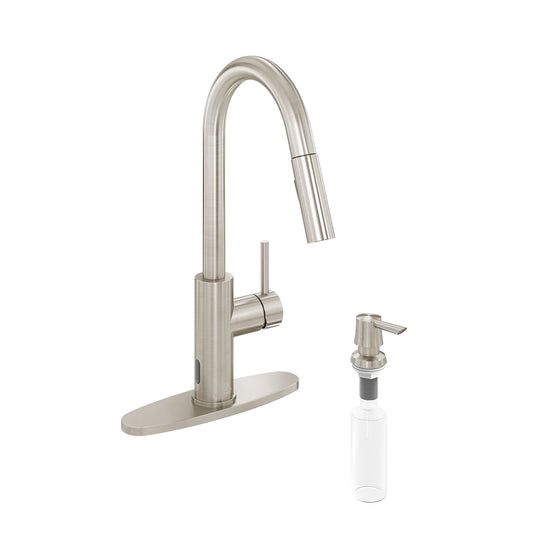CASAINC Touchless Single Handle Pull Down Kitchen Faucet with Infrared Sensor, Soap Dispenser, and Deckplate, Brushed Nickel