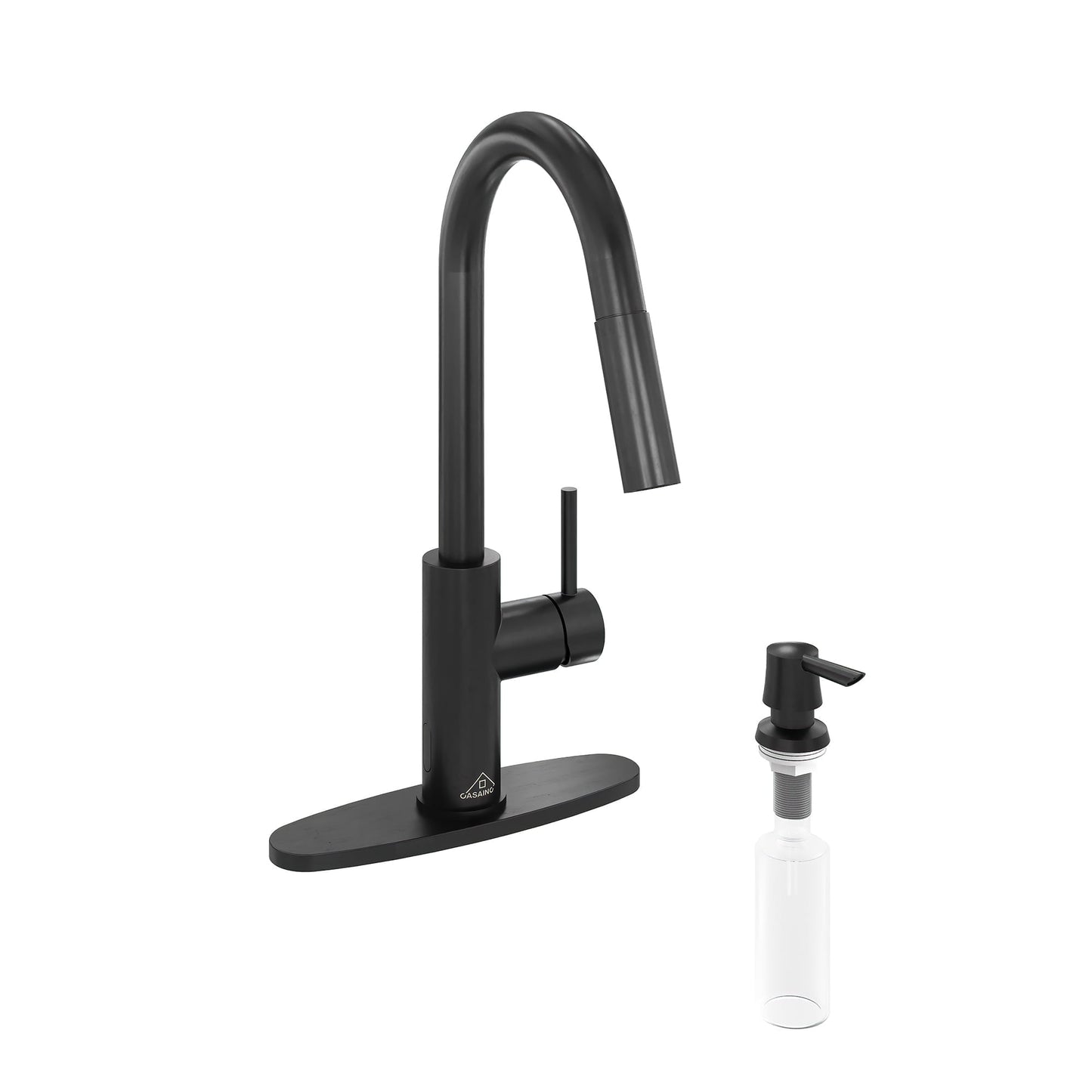 CASAINC Touchless Single Handle Pull Down Kitchen Faucet with Infrared Sensor, Soap Dispenser, and Deckplate, Black