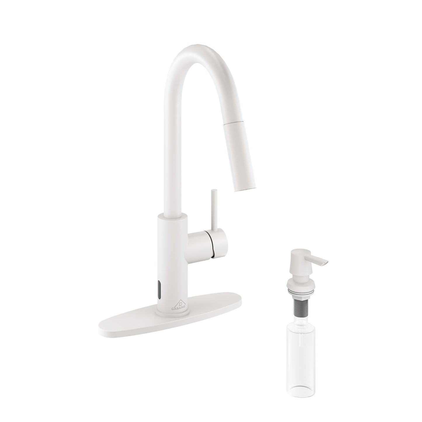 CASAINC Touchless Single Handle Pull Down Kitchen Faucet with Infrared Sensor, Soap Dispenser, and Deckplate, White