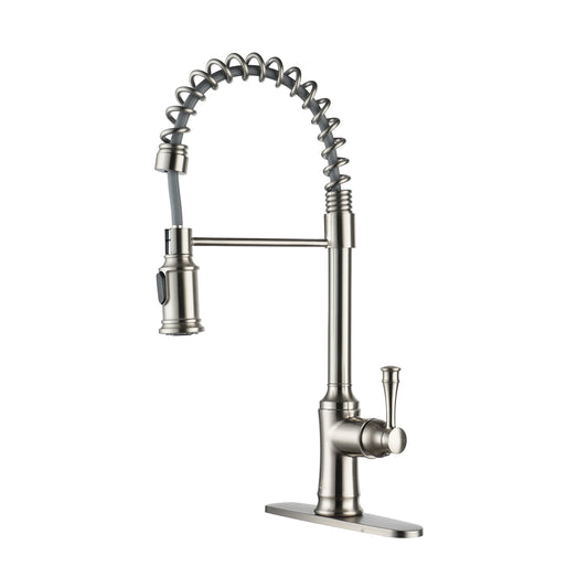 CASAINC Single Handle Spring Pull Down Kitchen Faucet with Dual Function Sprayhead and Deckplate, Brushed Nickel