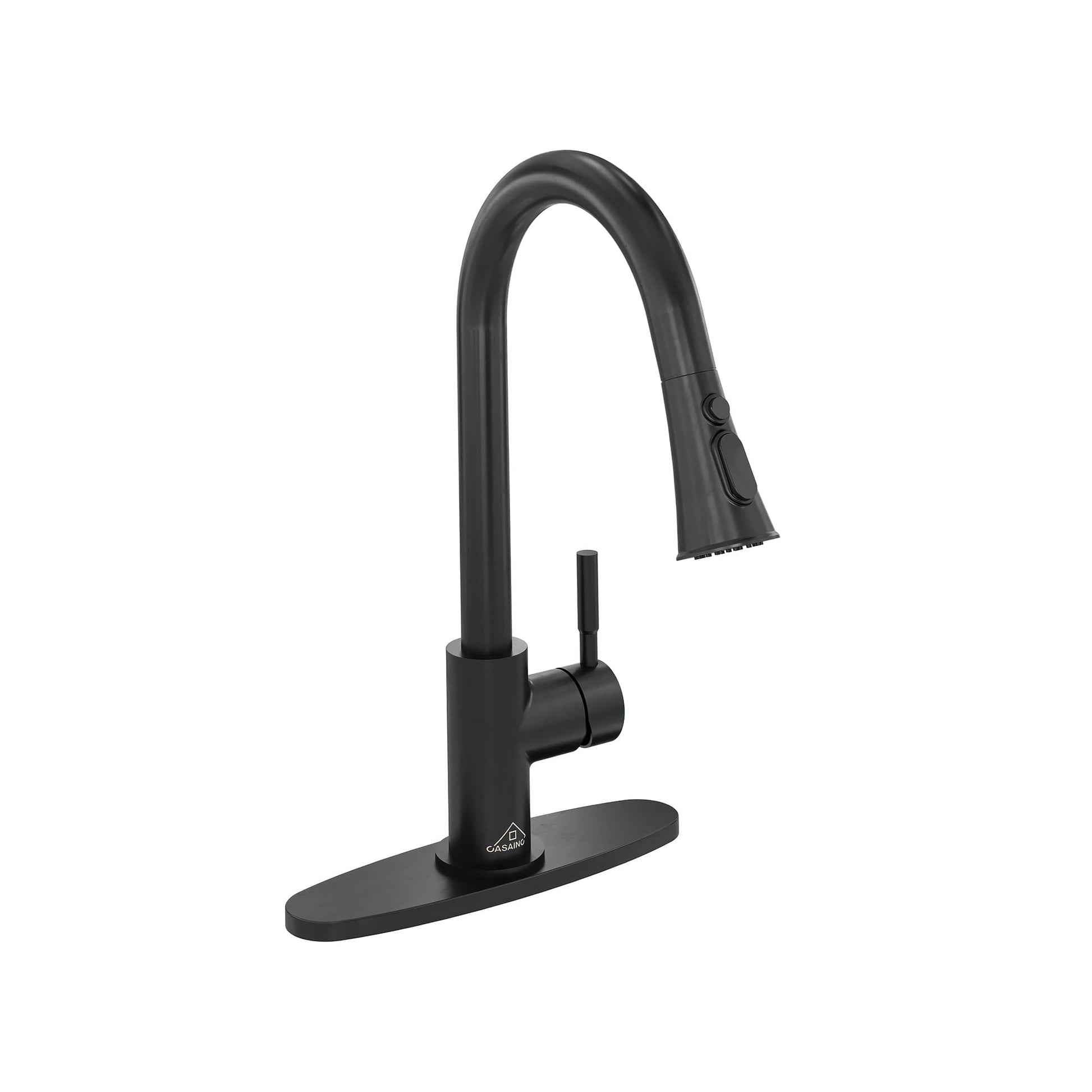 CASAINC Single Handle Pull Down Deck Mounted Kitchen Faucet with Deckplate, Black