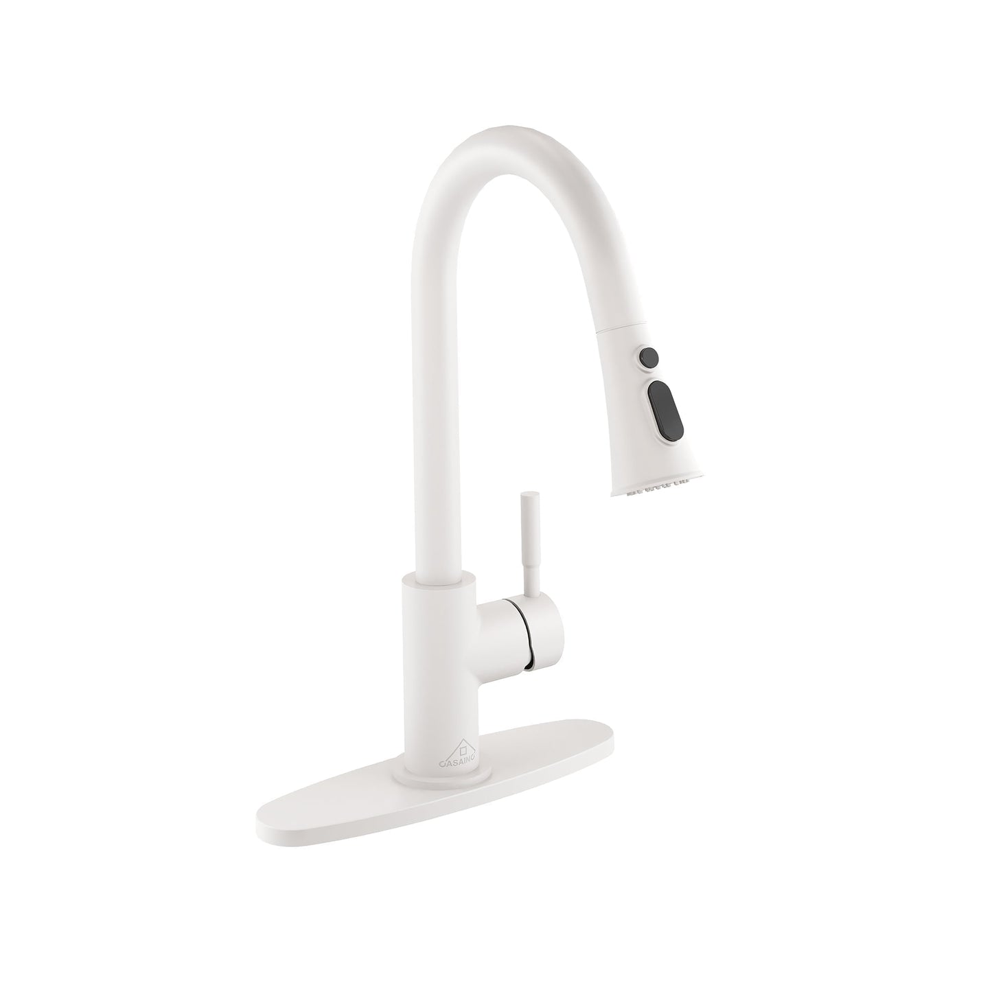 CASAINC Single Handle Pull Down Deck Mounted Kitchen Faucet with Deckplate, White