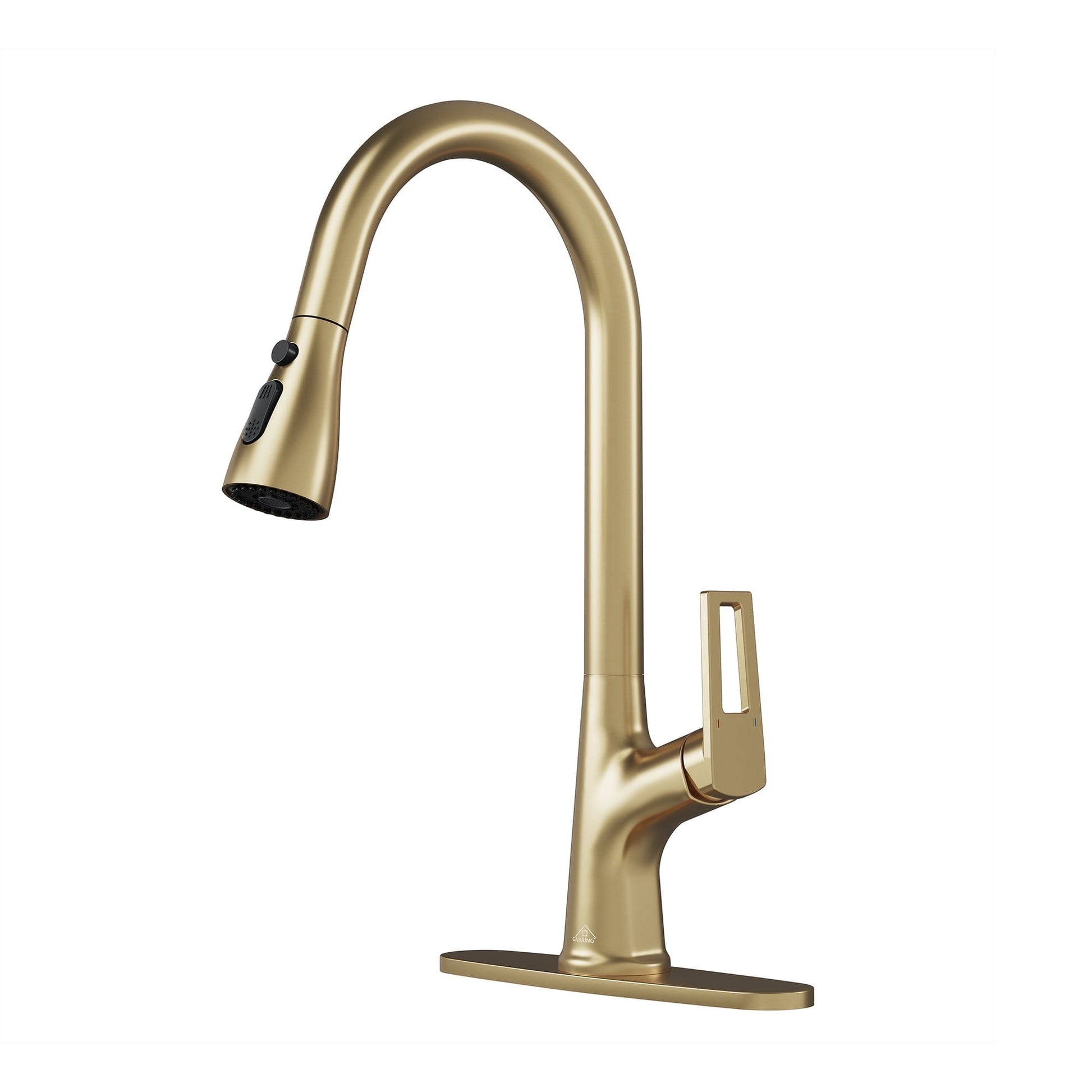 CASAINC Single Handle Pull Down Deck Mounted Kitchen Faucet with Dual Function Sprayer and Deckplate, Gold