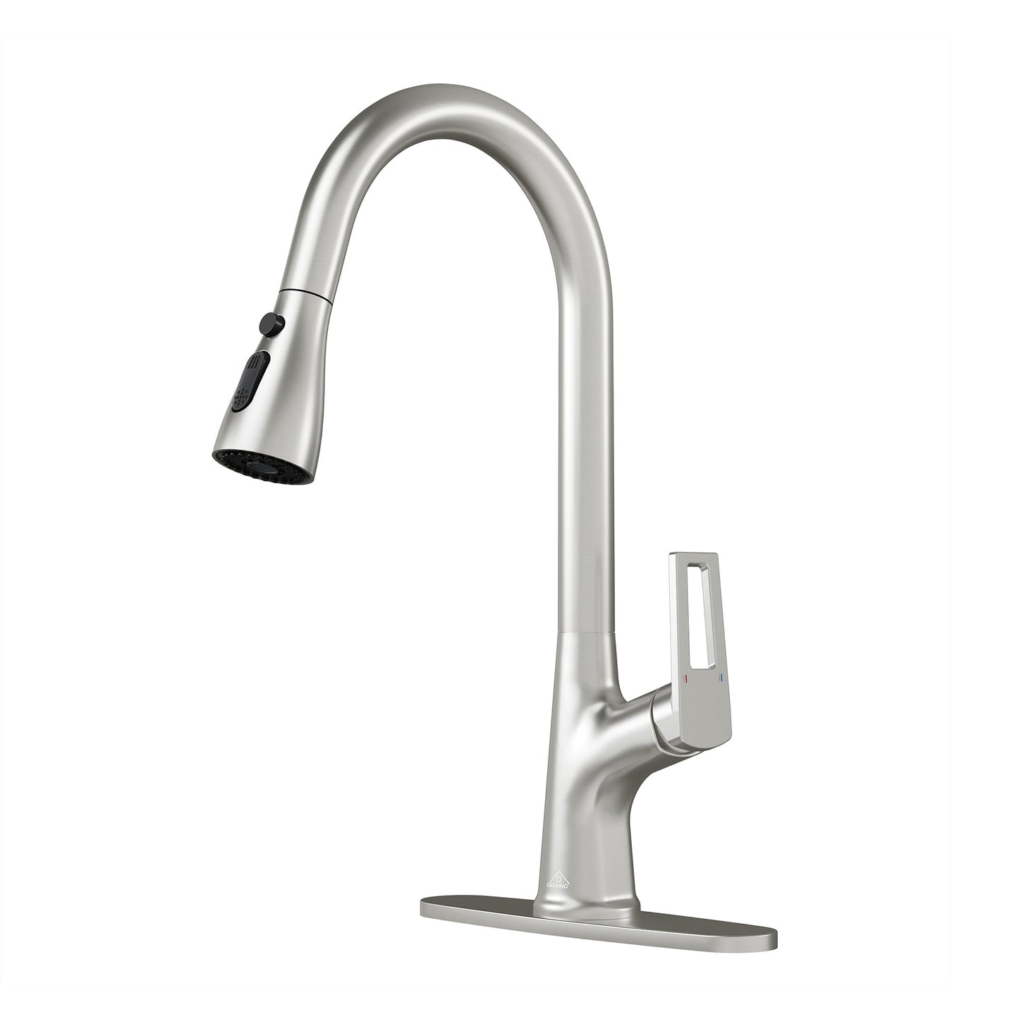 CASAINC Single Handle Pull Down Deck Mounted Kitchen Faucet with Dual Function Sprayer and Deckplate, Brushed Nickel