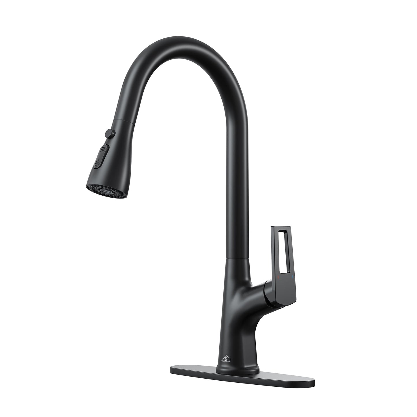 CASAINC Single Handle Pull Down Deck Mounted Kitchen Faucet with Dual Function Sprayer and Deckplate, Black