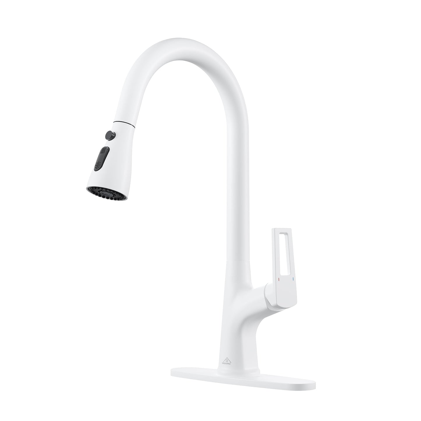 CASAINC Single Handle Pull Down Deck Mounted Kitchen Faucet with Dual Function Sprayer and Deckplate, White