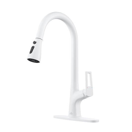 CASAINC Single Handle Pull Down Deck Mounted Kitchen Faucet with Dual Function Sprayer and Deckplate, White