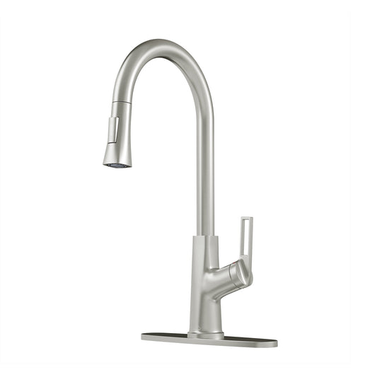 CASAINC Single Handle Pull Down Kitchen Faucet with Two Function Sprayer and Deckplate, Brushed Nickel
