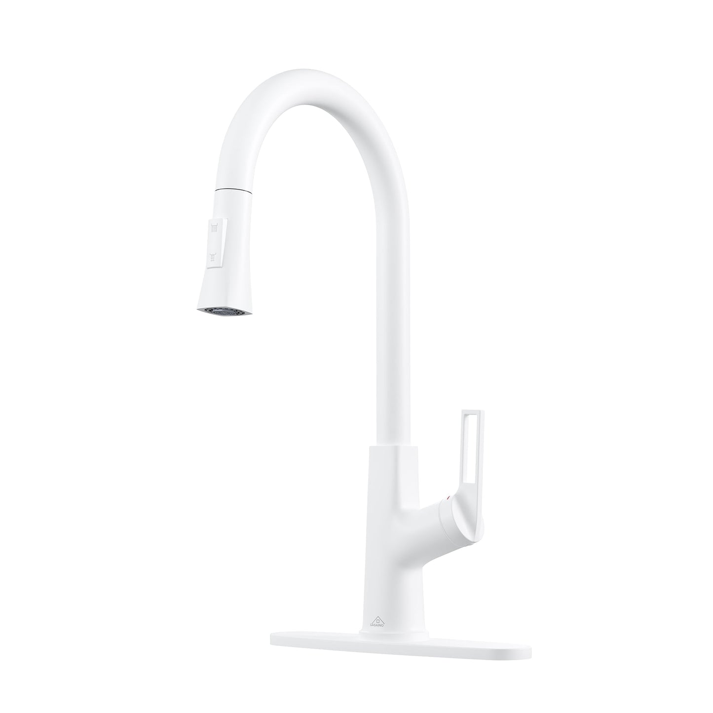 CASAINC Single Handle Pull Down Kitchen Faucet with Two Function Sprayer and Deckplate, White