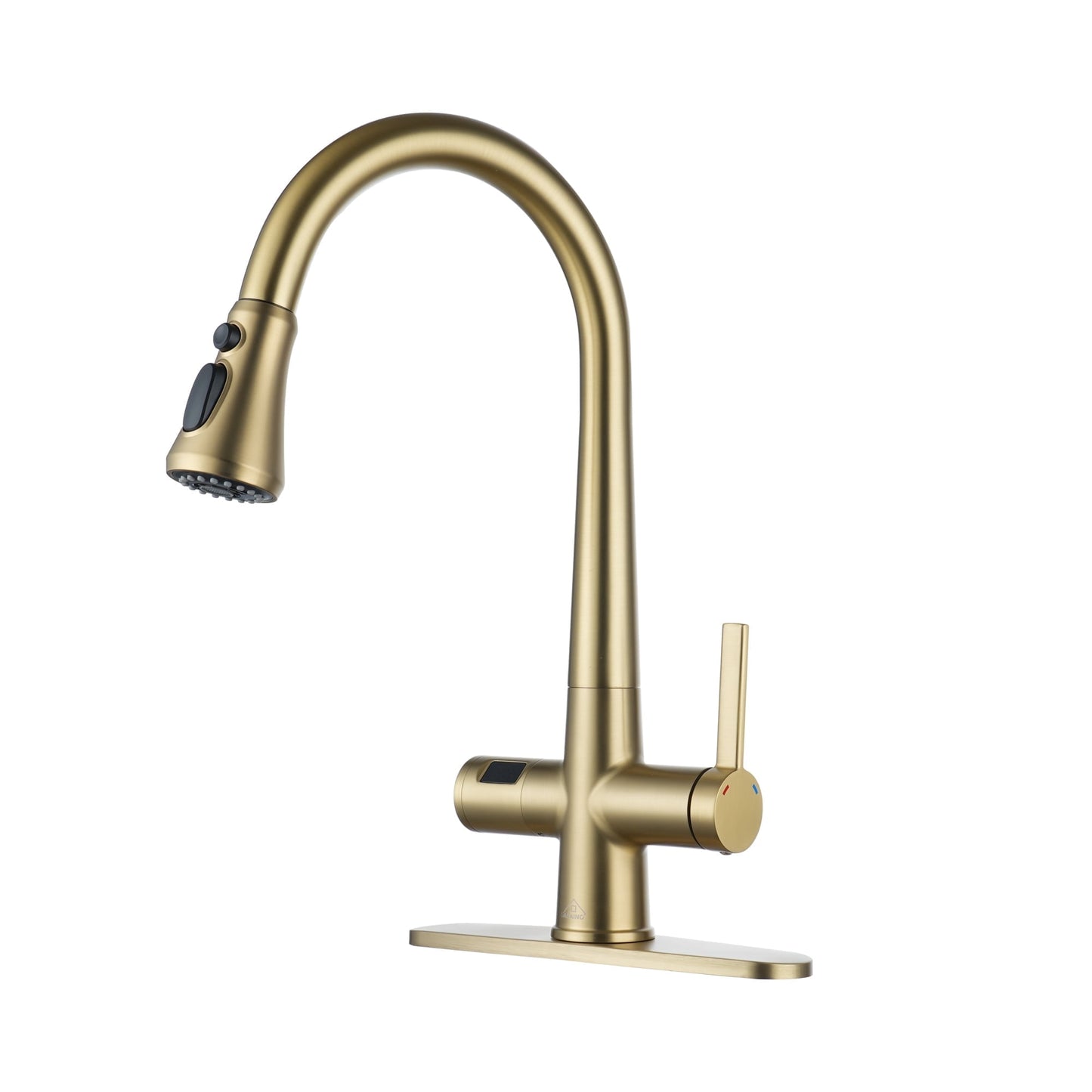 CASAINC Deck Mounted Single Handle Pull Down Kitchen Faucet with Digital Temp Display and Deckplate, Gold