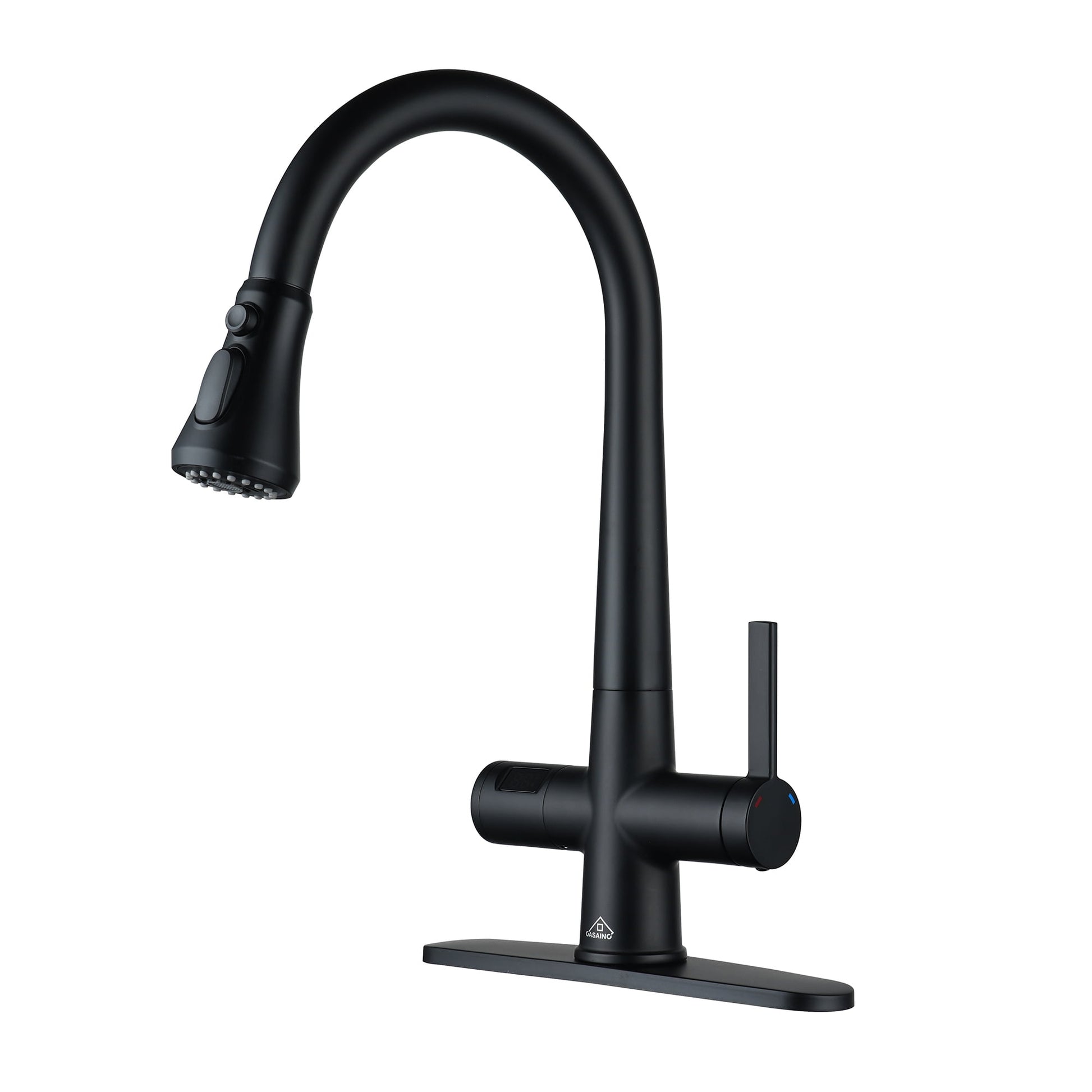 CASAINC Deck Mounted Single Handle Pull Down Kitchen Faucet with Digital Temp Display and Deckplate, Black