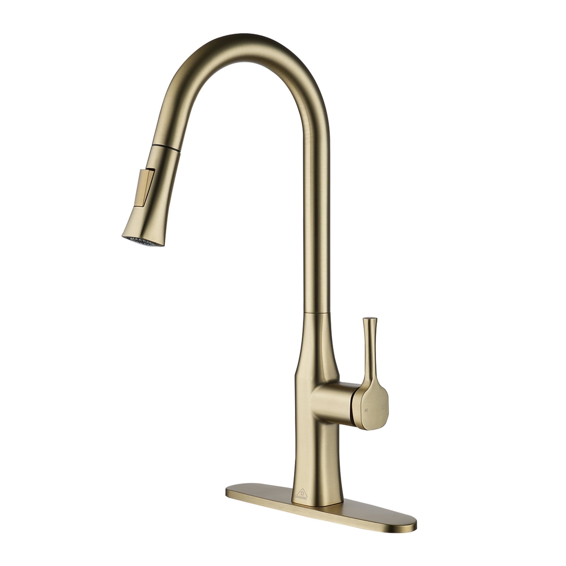 CASAINC Single Handle Pull Down Deck Mounted Kitchen Faucet with Dual-Function Sprayer and Deckplate, Gold