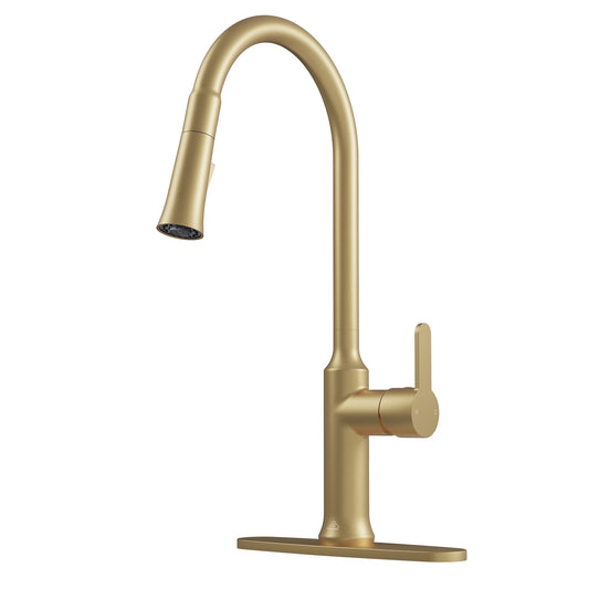 CASAINC Modern Single Handle Pull Down Kitchen Faucet with Dual Function Sprayer and Deckplate, Gold