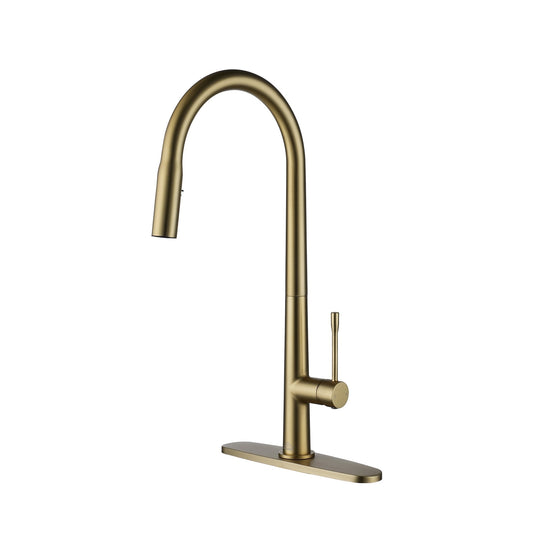CASAINC Single Handle Pull Down Kitchen Faucet with Dual Function Sprayer and Deckplate, Gold
