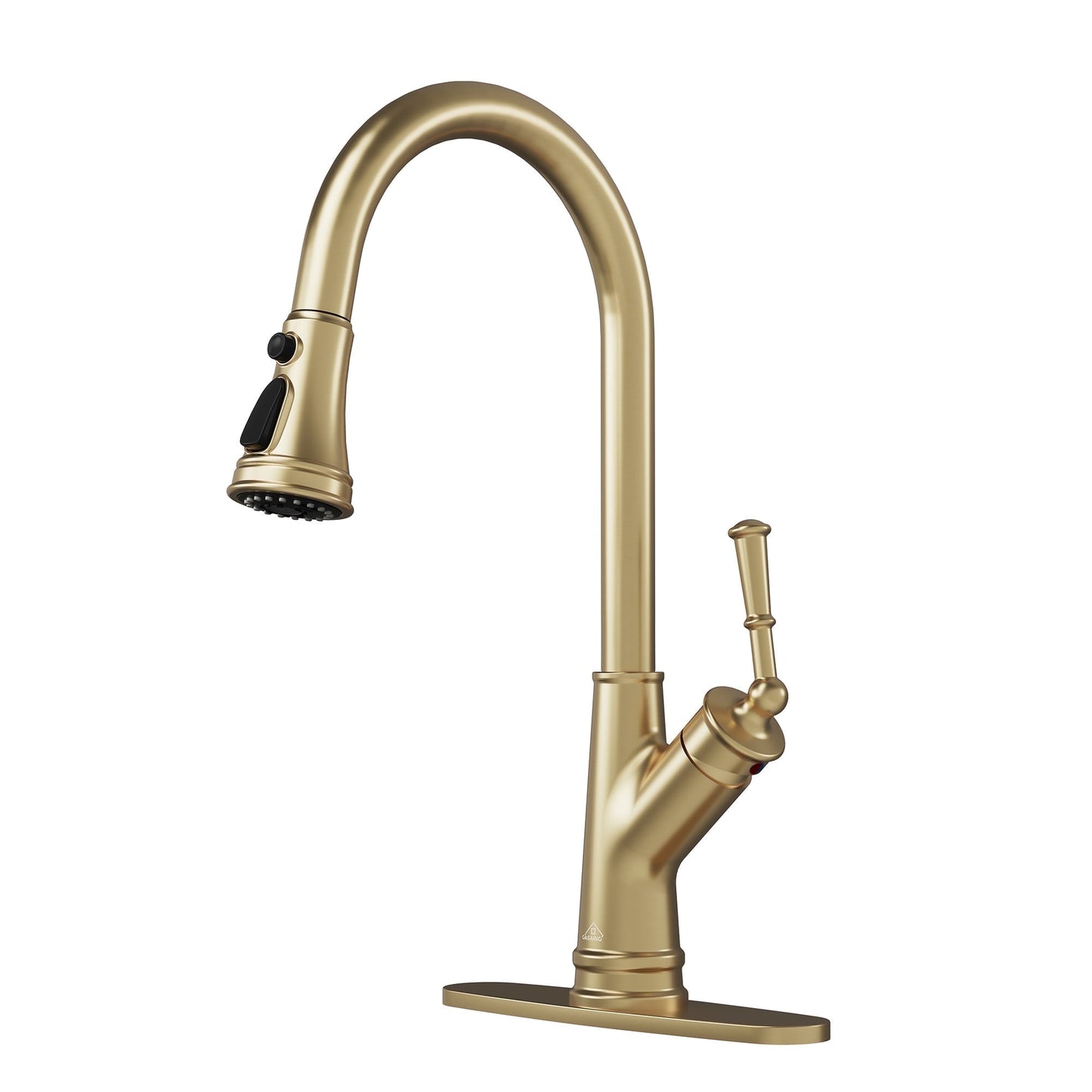 CASAINC Deck Mounted Single Handle Pull Down Kitchen Faucet with Dual Function Spray and Deckplate, Gold