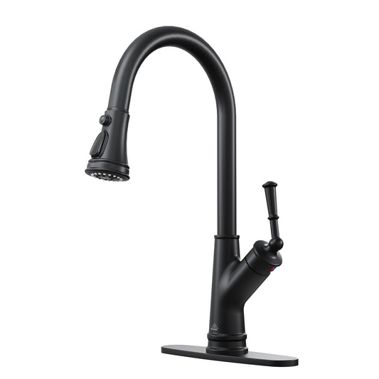 CASAINC Deck Mounted Single Handle Pull Down Kitchen Faucet with Dual Function Spray and Deckplate, Black