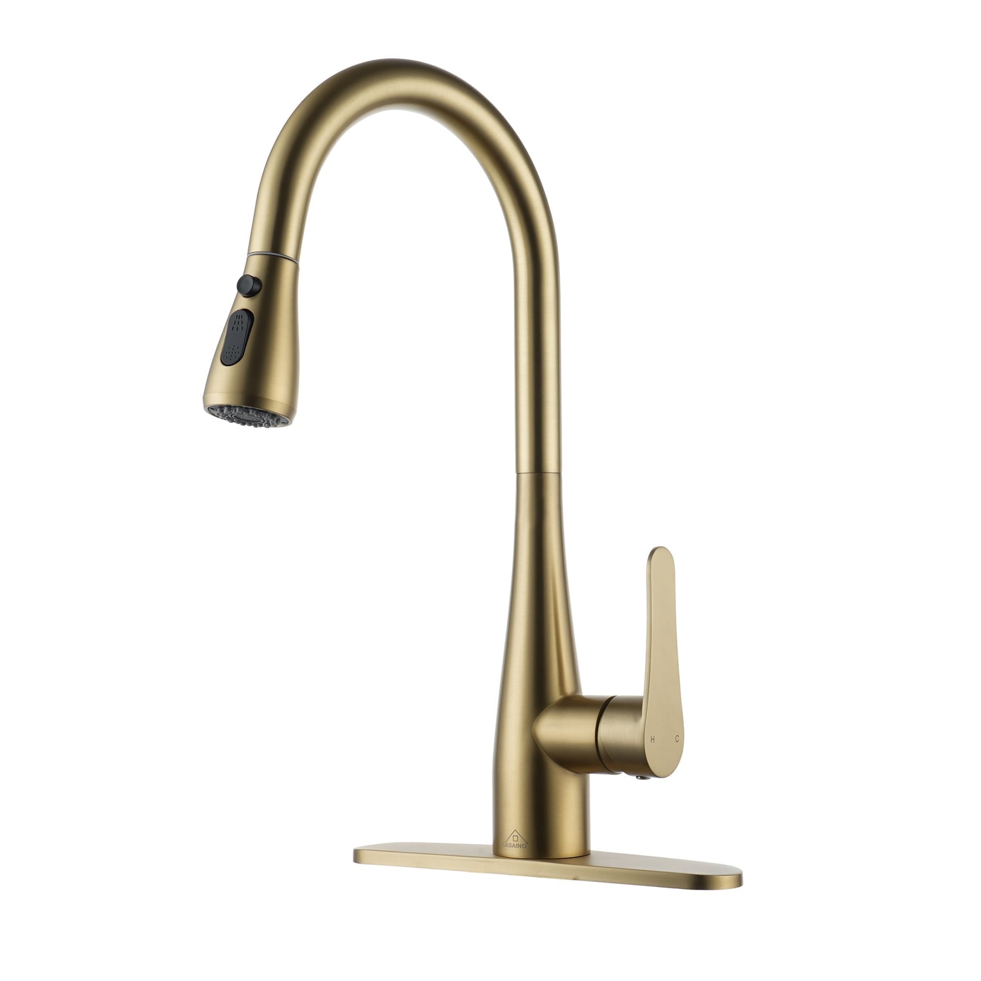 CASAINC Single Handle Pull Down Kitchen Faucet with Three-function Pull Out Sprayer and Deckplate, Gold