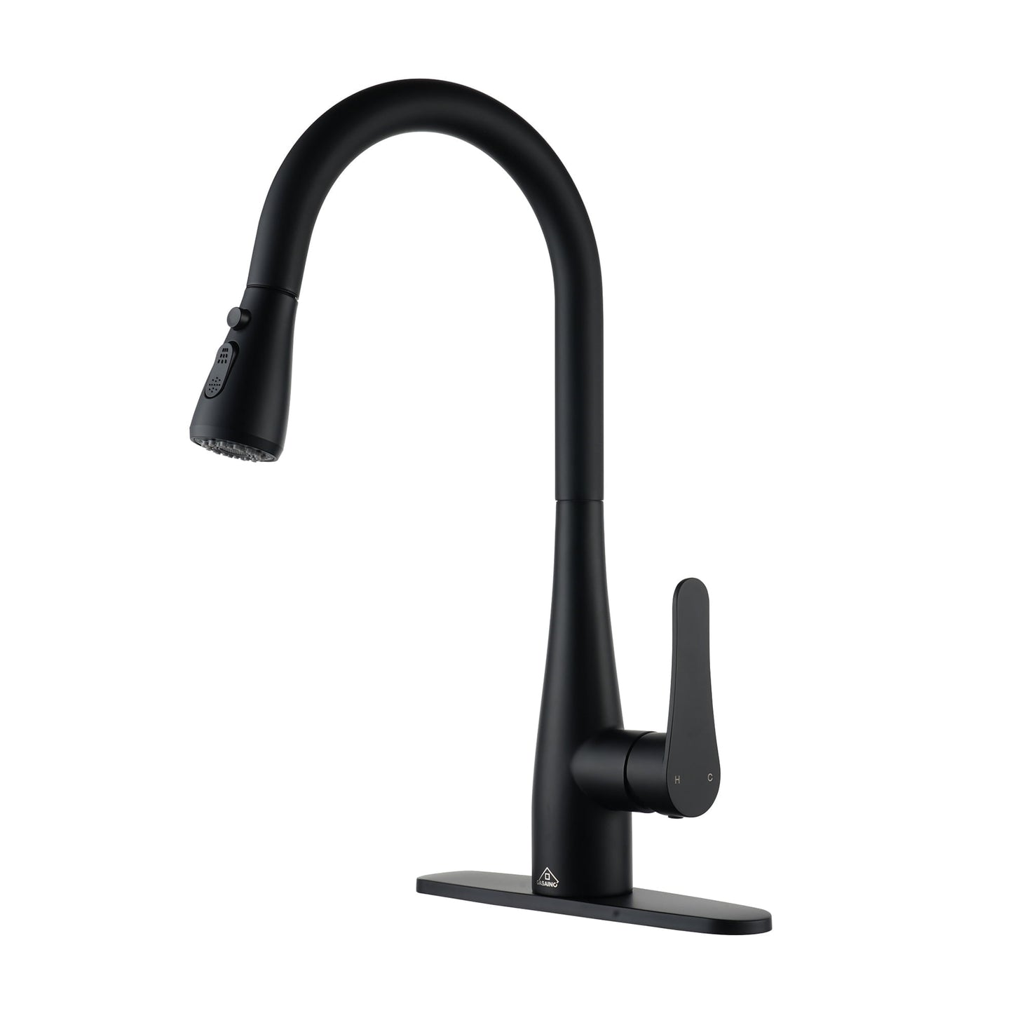 CASAINC Single Handle Pull Down Kitchen Faucet with Three-function Pull Out Sprayer and Deckplate, Black