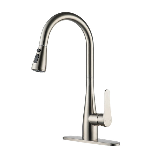 CASAINC Single Handle Pull Down Kitchen Faucet with Three-function Pull Out Sprayer and Deckplate, Brushed Nickel