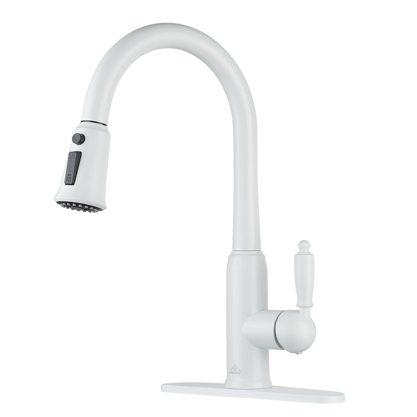 CASAINC Single Handle Pull Down Kitchen Faucet with Three Function Sprayer and Deckplate, White
