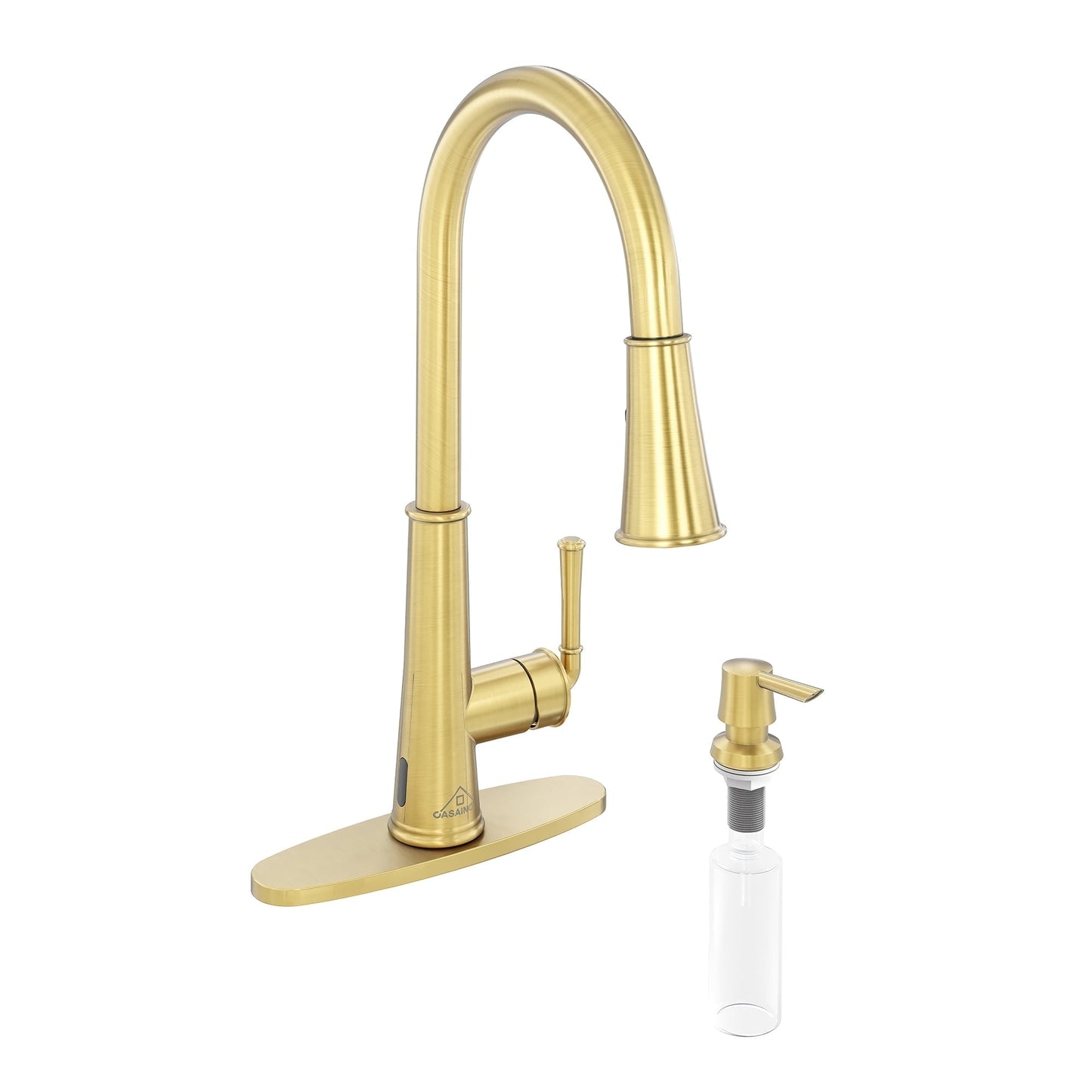CASAINC Touchless Single Handle Pull Down Kitchen Faucet with Sensor, Soap Dispenser, and Deckplate, Gold