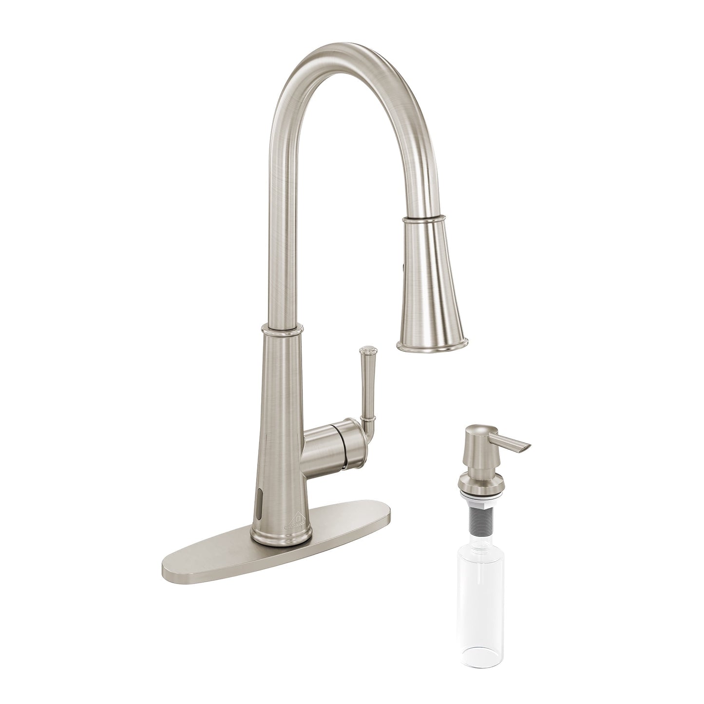 CASAINC Touchless Single Handle Pull Down Kitchen Faucet with Sensor, Soap Dispenser, and Deckplate, Brushed Nickel
