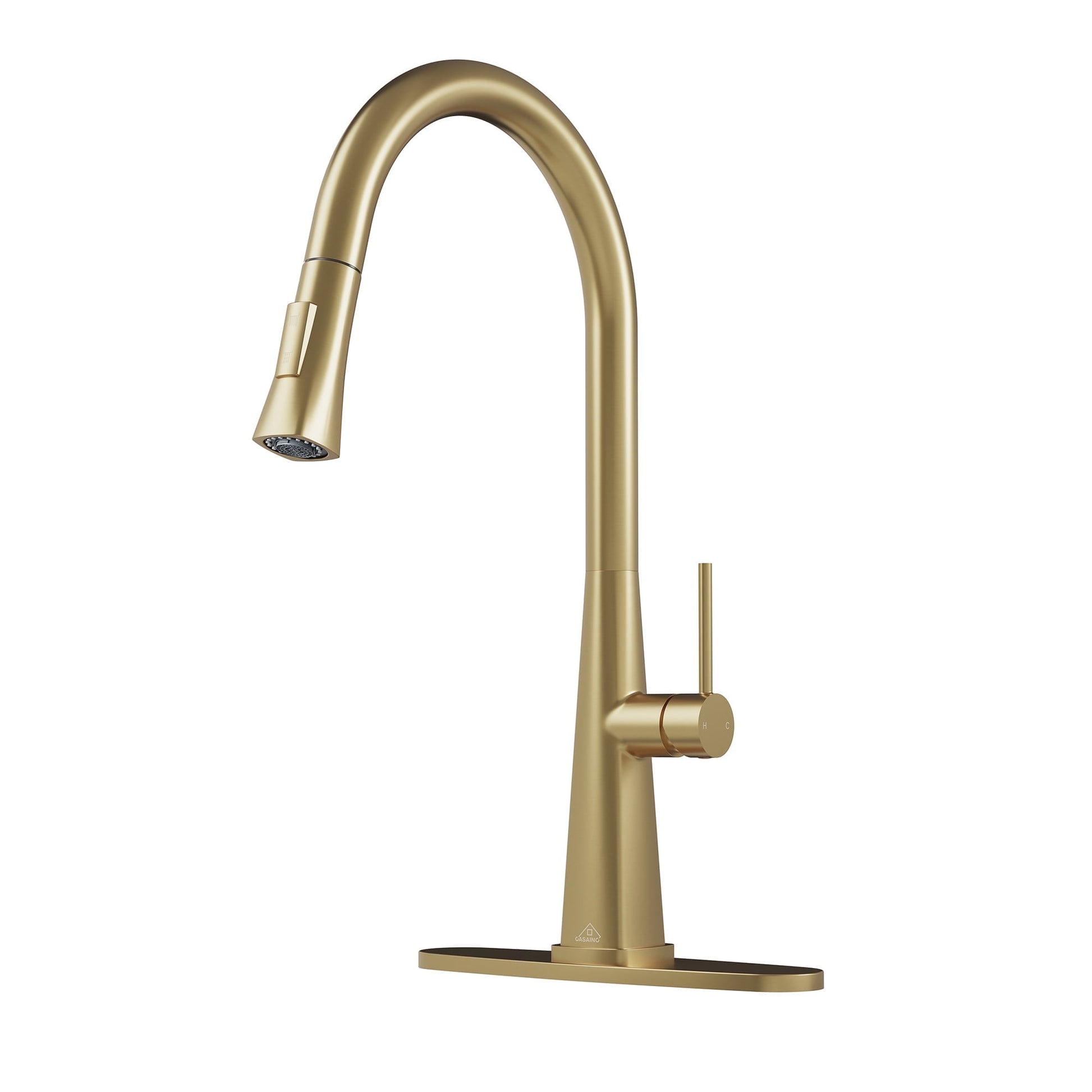 CASAINC Single Handle Deck Mounted Pull Down Kitchen Faucet Deck with Dual Function Sprayer and Deckplate, Gold