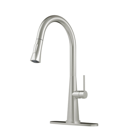 CASAINC Single Handle Deck Mounted Pull Down Kitchen Faucet Deck with Dual Function Sprayer and Deckplate, Brushed Nickel