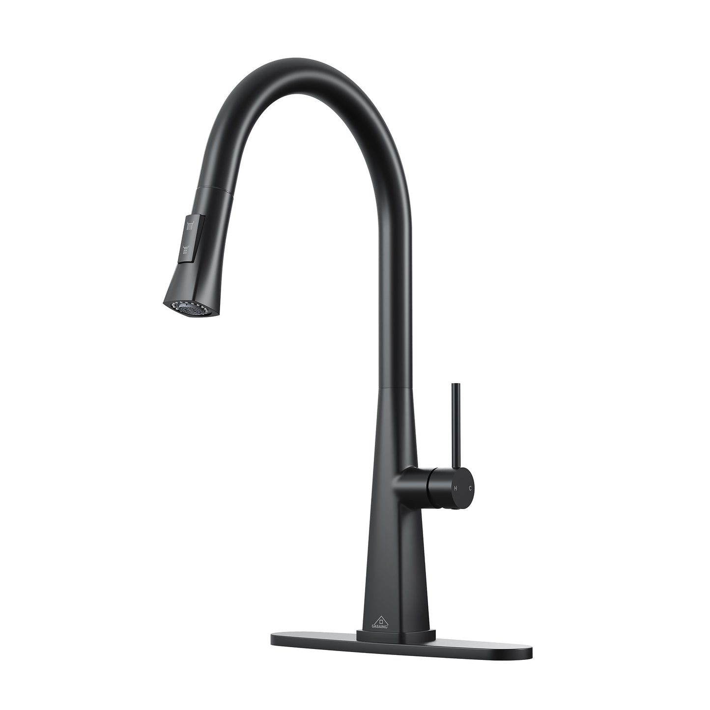 CASAINC Single Handle Deck Mounted Pull Down Kitchen Faucet Deck with Dual Function Sprayer and Deckplate, Black