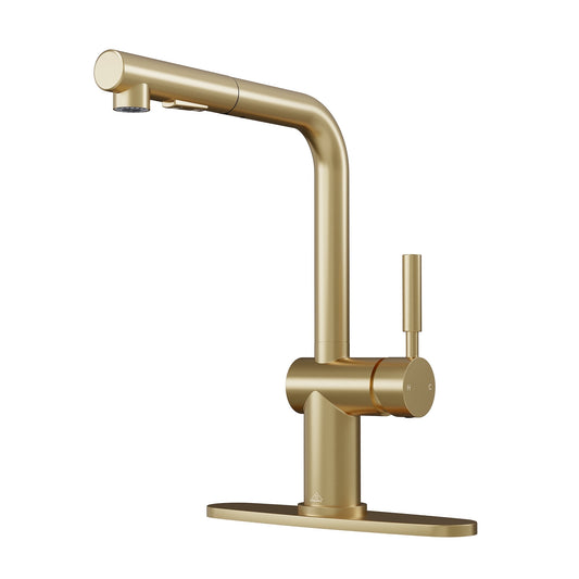 CASAINC Single Handle Pull Down Deck Mounted Kitchen Faucet with Dual Function Sprayer and Deckplate, Gold