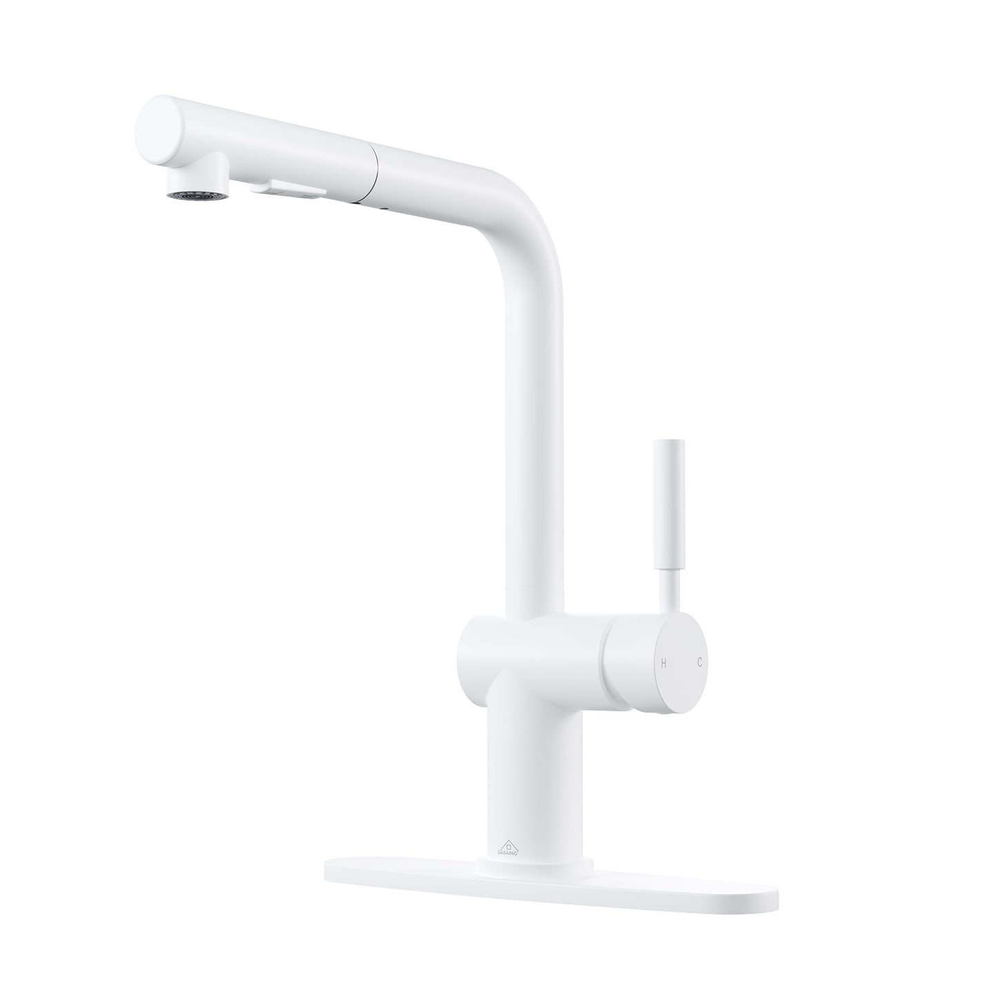 CASAINC Single Handle Pull Down Deck Mounted Kitchen Faucet with Dual Function Sprayer and Deckplate, White