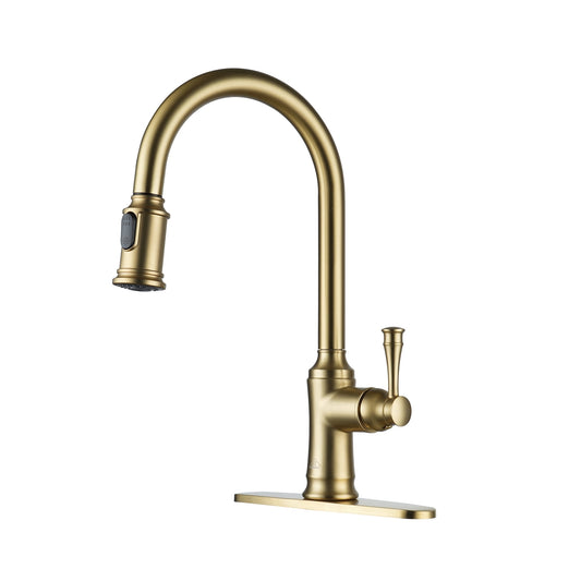 CASAINC Single Handle Pull Down Kitchen Faucet with Dual Function Sprayer and Deckplate, Gold