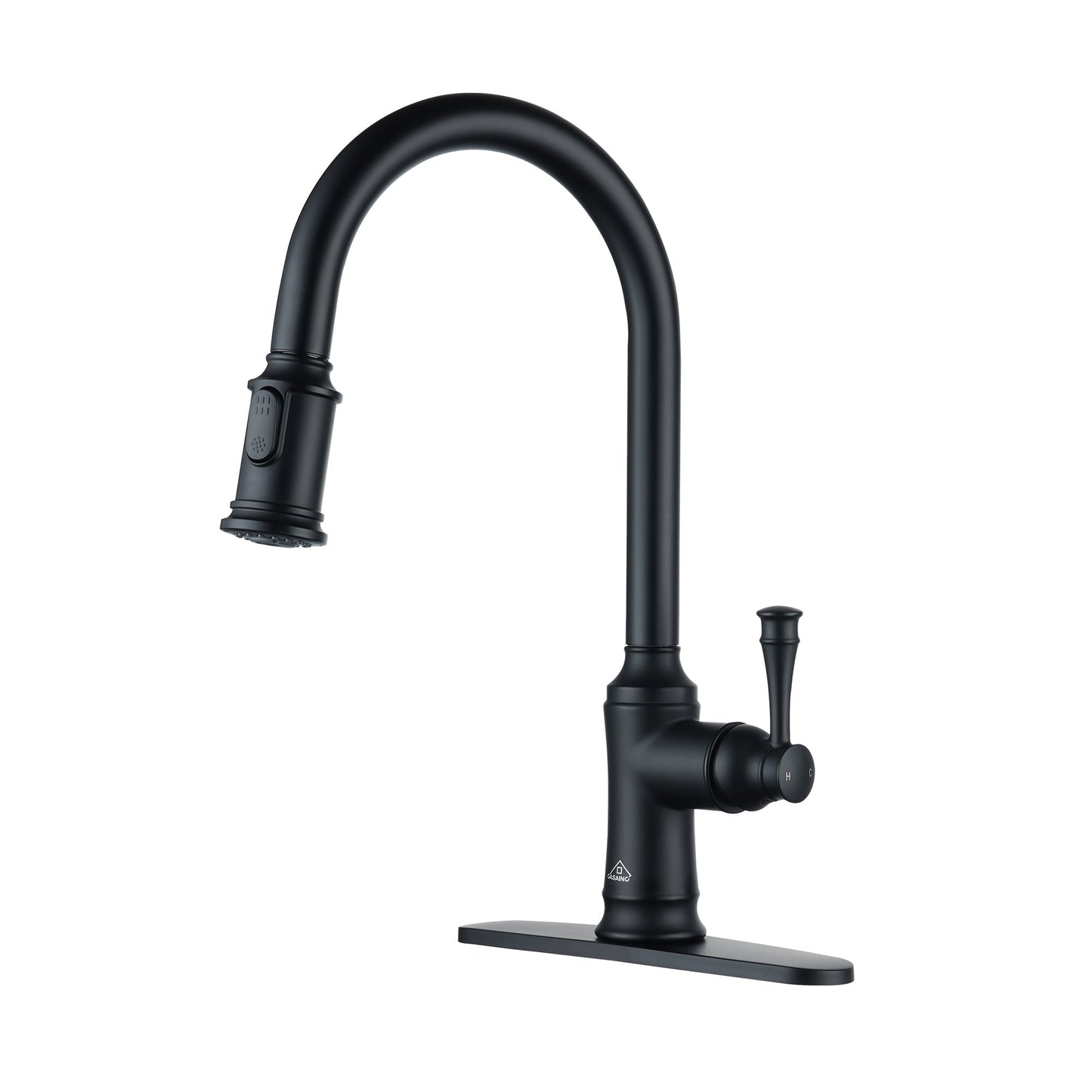 CASAINC Single Handle Pull Down Kitchen Faucet with Dual Function Sprayer and Deckplate, Black