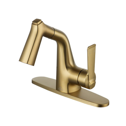CASAINC Single Handle Single Hole Bathroom Faucet with Pull-Out Sprayer and Deckplate, Gold