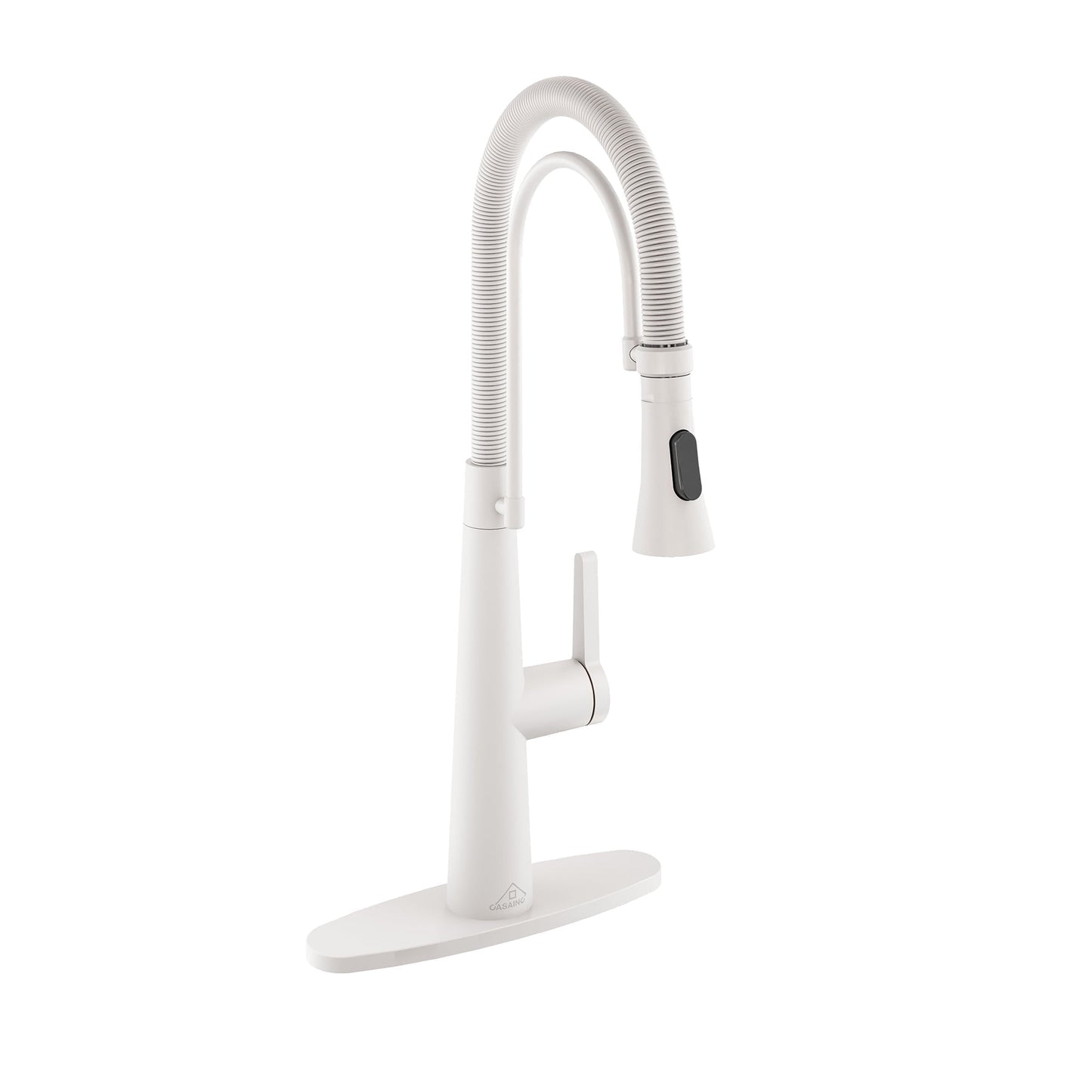CASAINC Single Handle Pull Down Spring Kitchen Faucet with Dual Function Sprayer and Deckplate, White