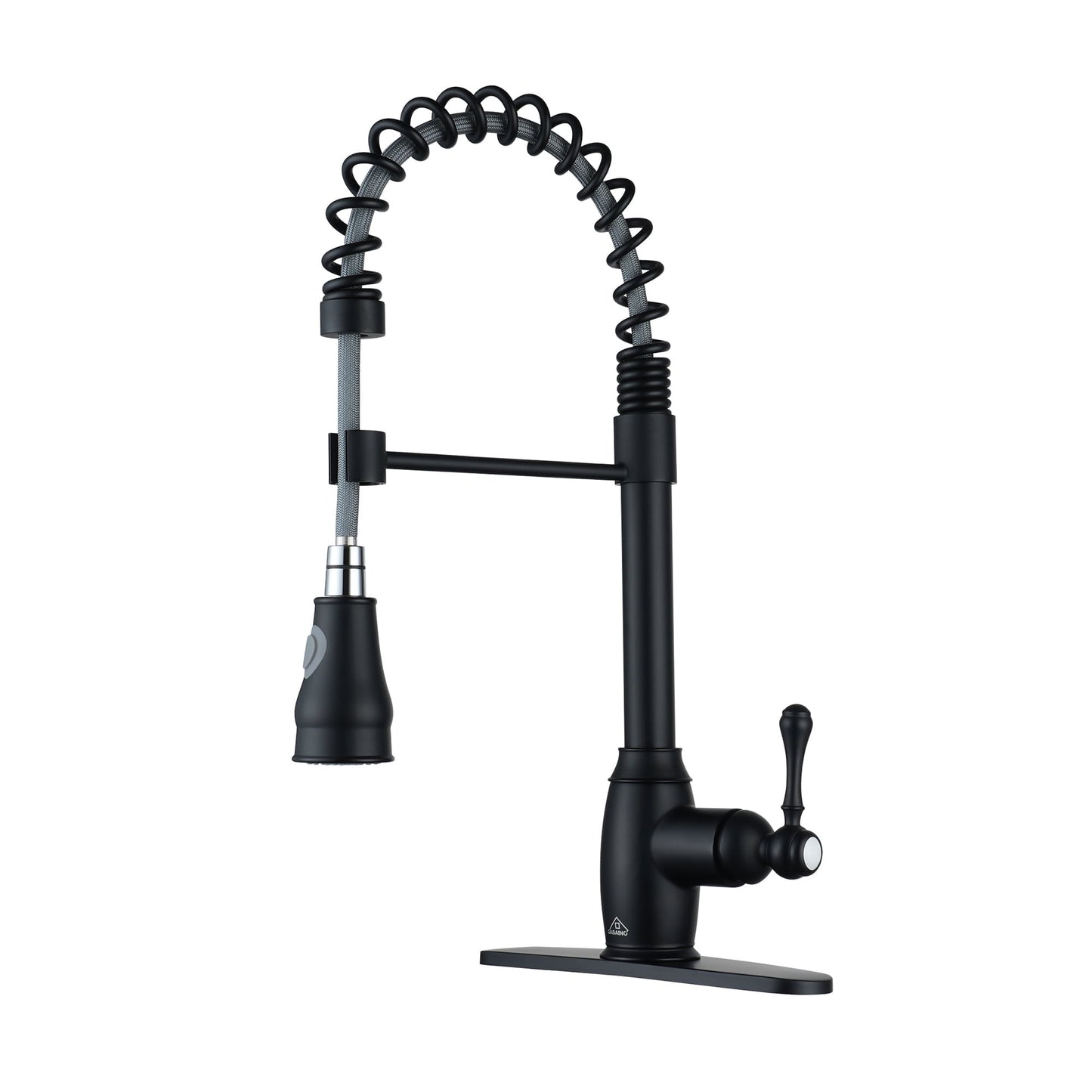 CASAINC Single Handle Spring Pull Down Kitchen Faucet with Dual-Function Sprayer and Deckplate, Black