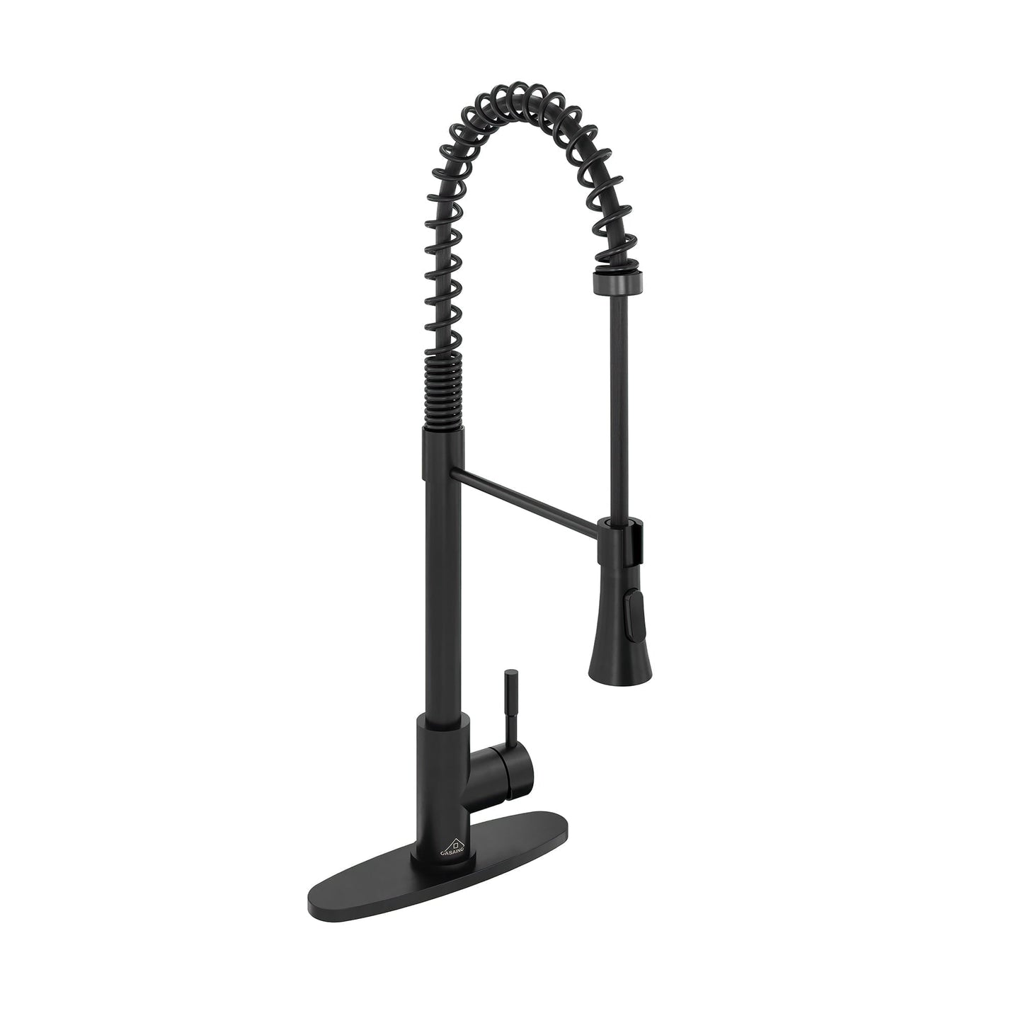 CASAINC Single Handle Spring Pull Down Deck Mounted Kitchen Faucet with Dual Function Sprayer and Deckplate, Black