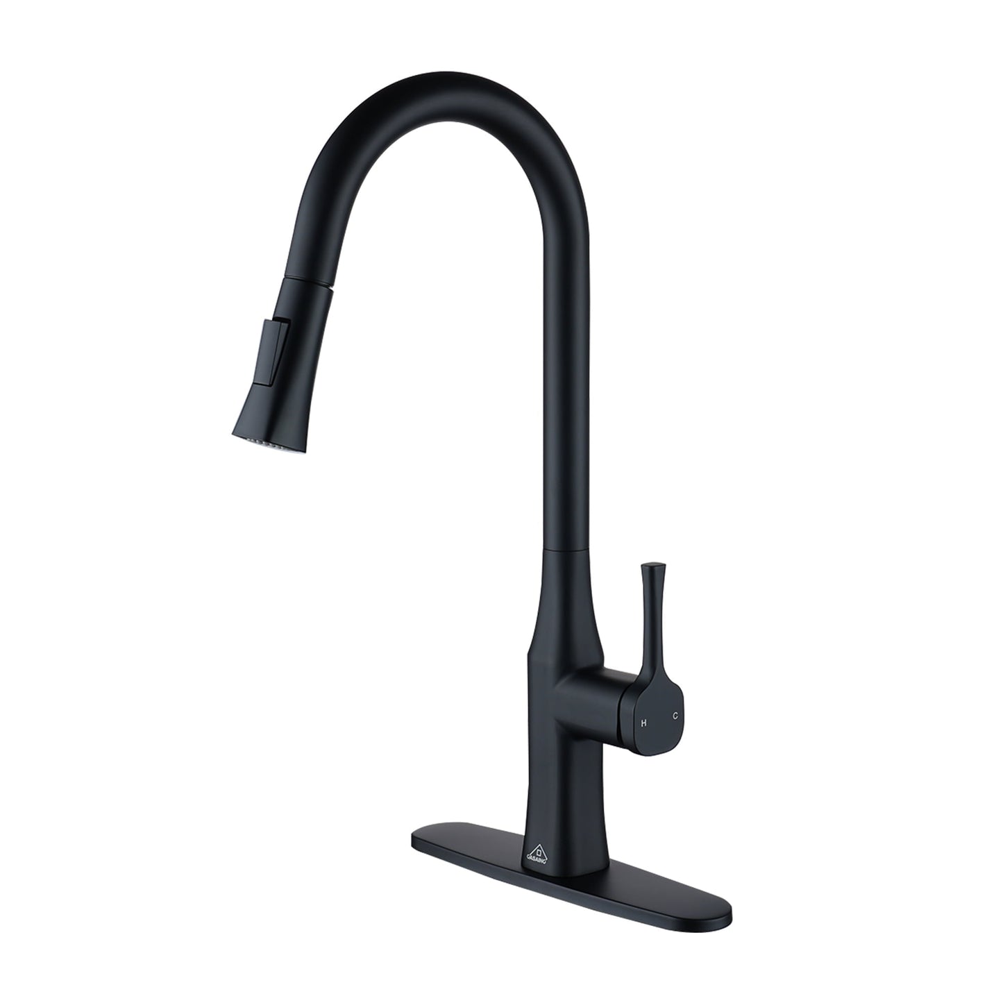 CASAINC Single Handle Pull Down Deck Mounted Kitchen Faucet with Dual-Function Sprayer and Deckplate, Black