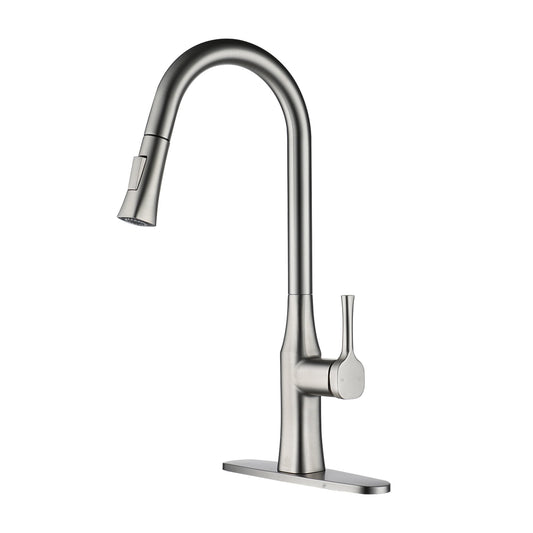 CASAINC Single Handle Pull Down Deck Mounted Kitchen Faucet with Dual-Function Sprayer and Deckplate, Brushed Nickel