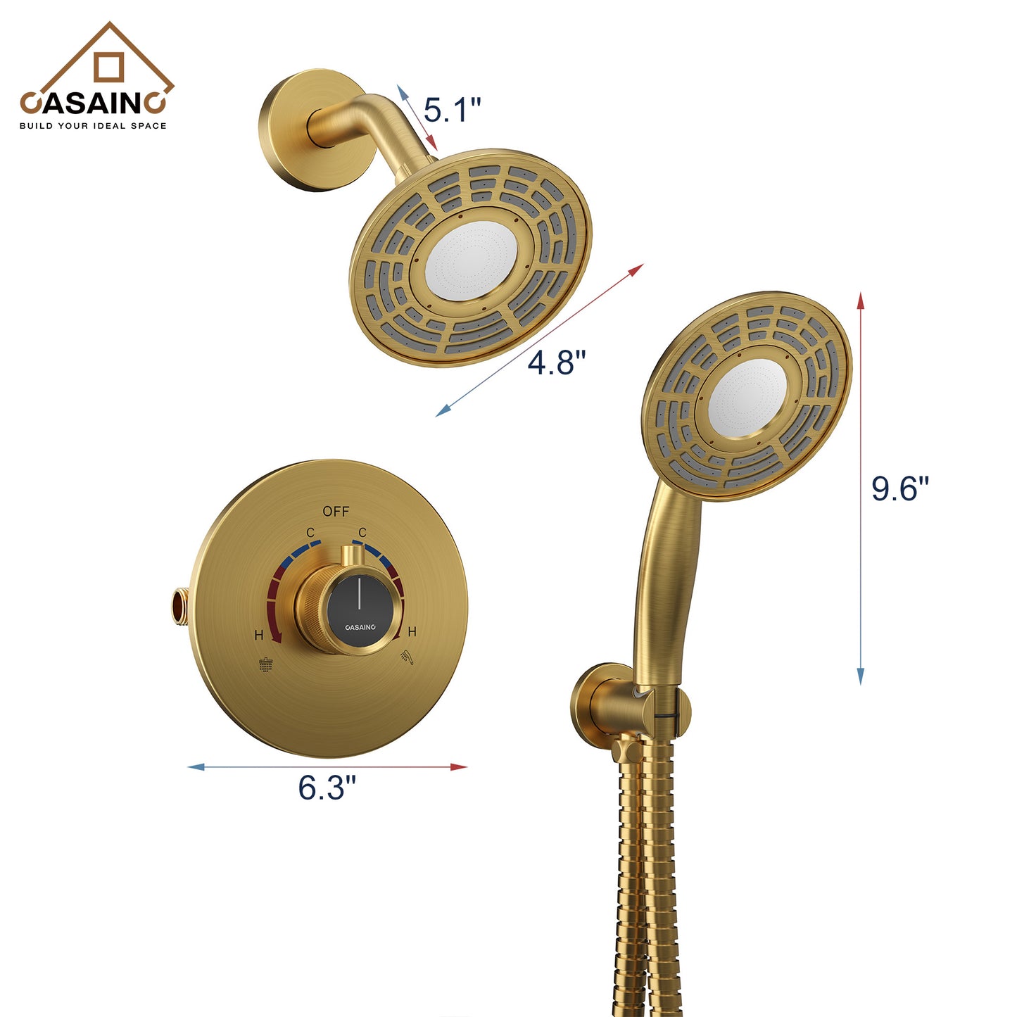 CASAINC 5 Inches Wall Mounted Dual Head Shower System with Handheld Spray