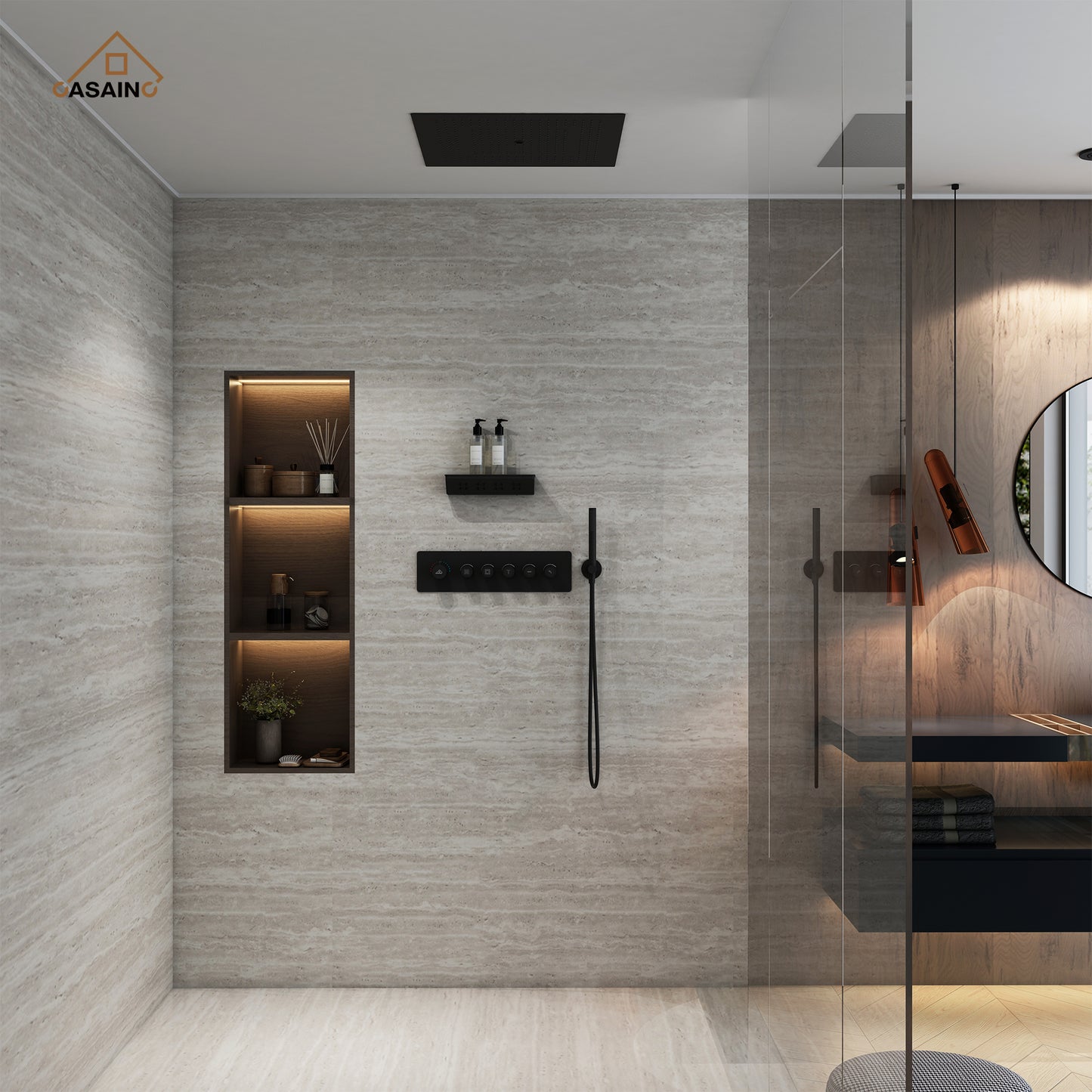 CASAINC 23 Inches Ceiling Mounted Luxury Shower System with Shelf Body Jet