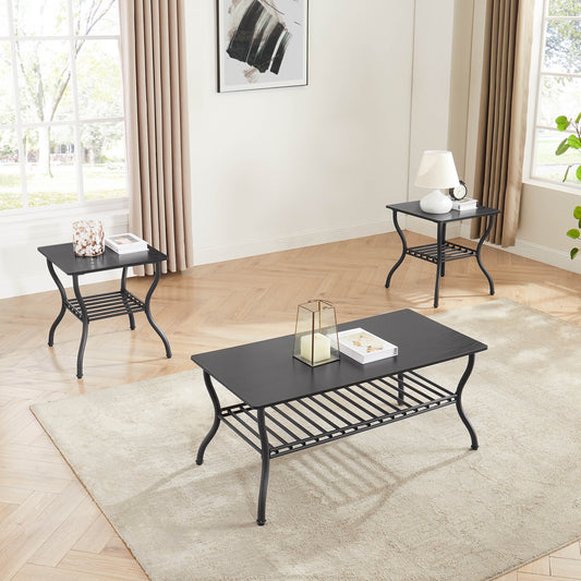 3 Piece Coffee Table Set,With 1 Coffee Table & 2 End Side Table,For Living Room,Metal+Wood
