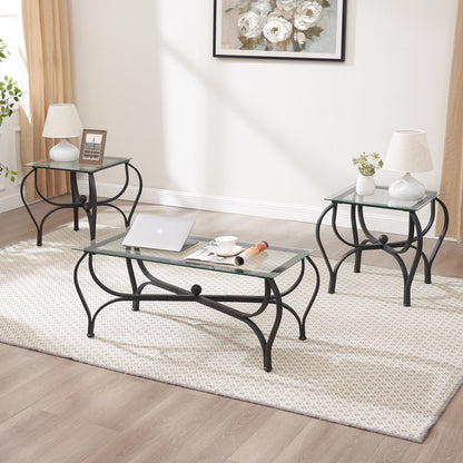 3 Piece Coffee Table Set,With 1 Coffee Table & 2 End Side Table,For Living Room,Metal+Wood