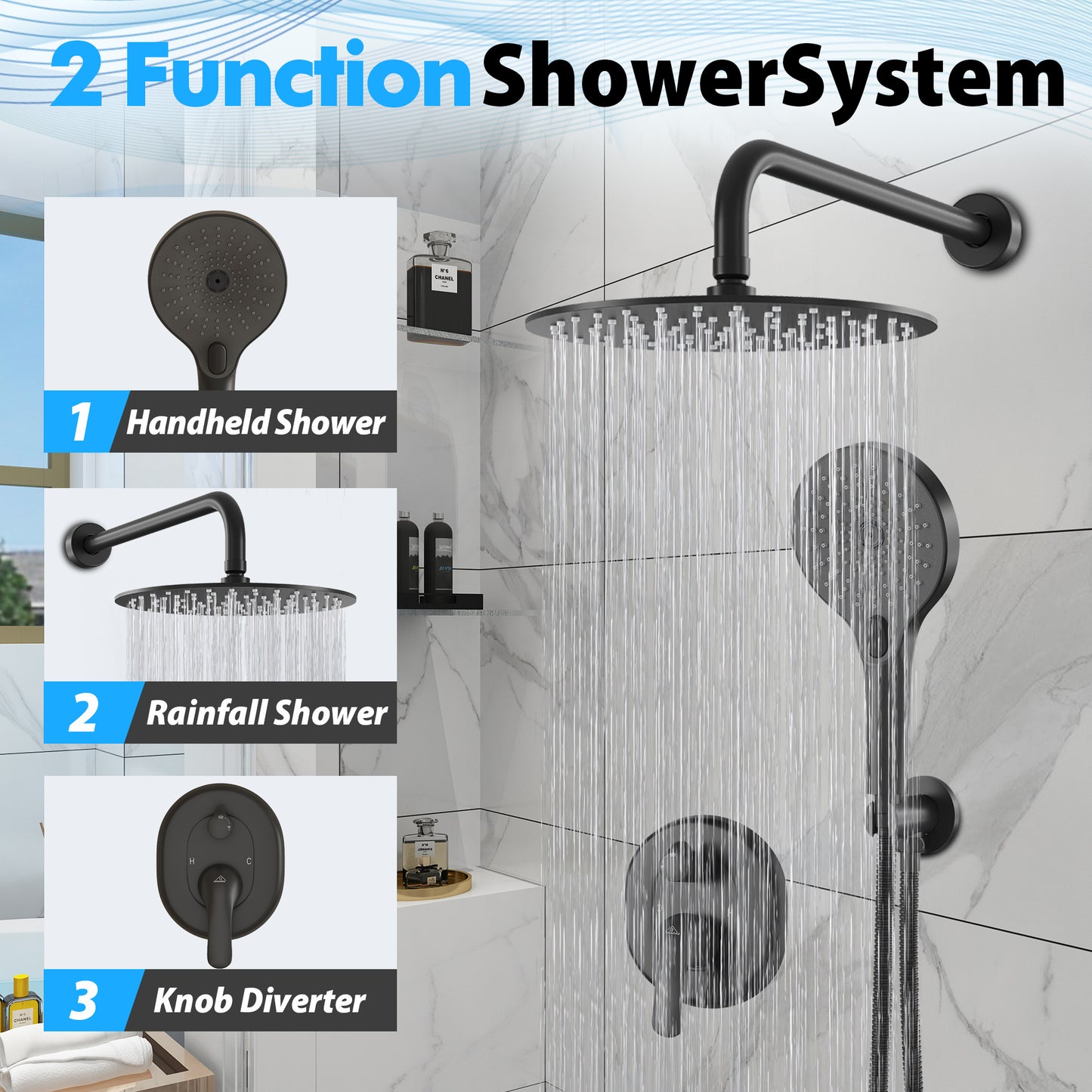 CASAINC 10 Inches Wall Mounted Dual Shower System with 3 Mode Handheld Spray, Black